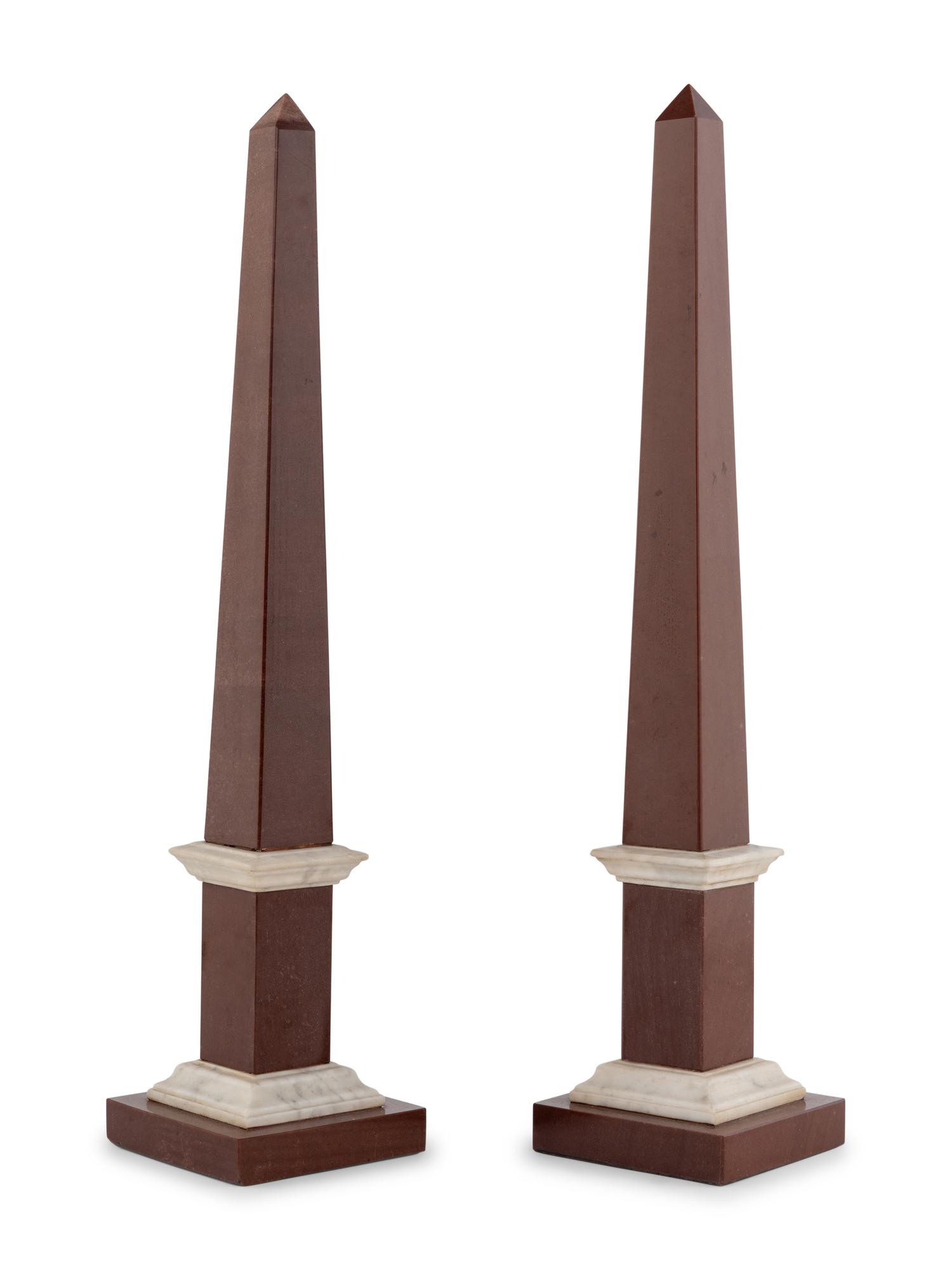 A Pair of Hardstone Obelisks and a Pair of Hardstone Spherical Ornaments