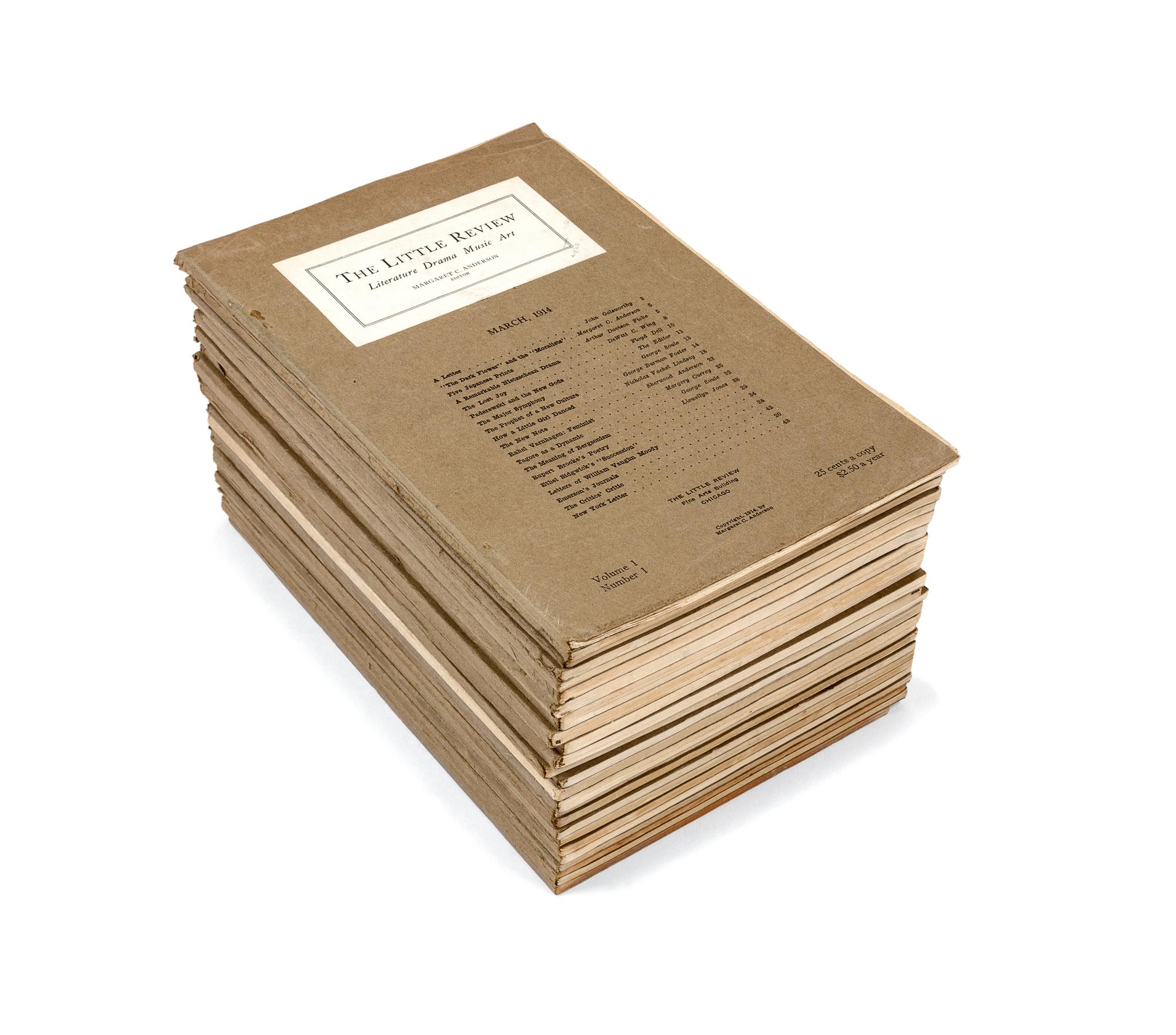 [THE LITTLE REVIEW]. ANDERSON, Margaret, editor. POUND, Ezra, editor. HEAP, Jane, editor. The Little Review . Vol. I, No. 1 through Vol. XII, No. 2. Chicago, New York, and Paris: 1914-1929.