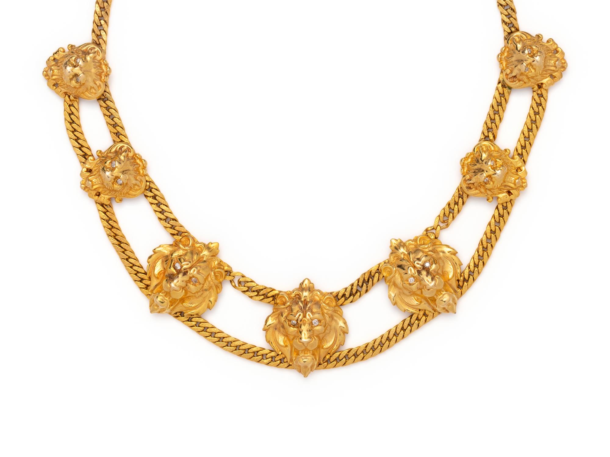 YELLOW GOLD AND DIAMOND LION HEAD NECKLACE