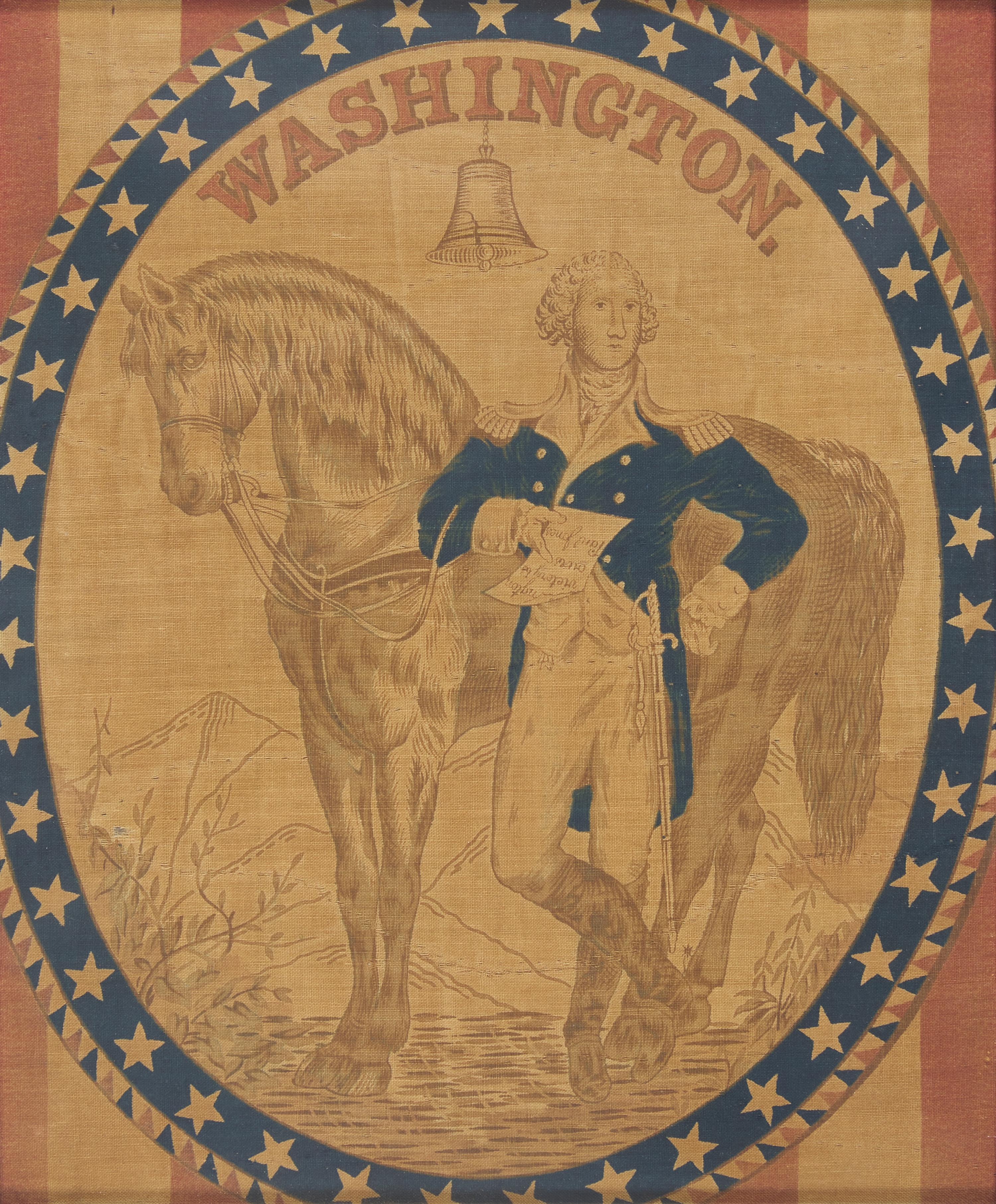 A Centennial Celebration Printed Cotton Banner Depicting General George Washington with his Horse