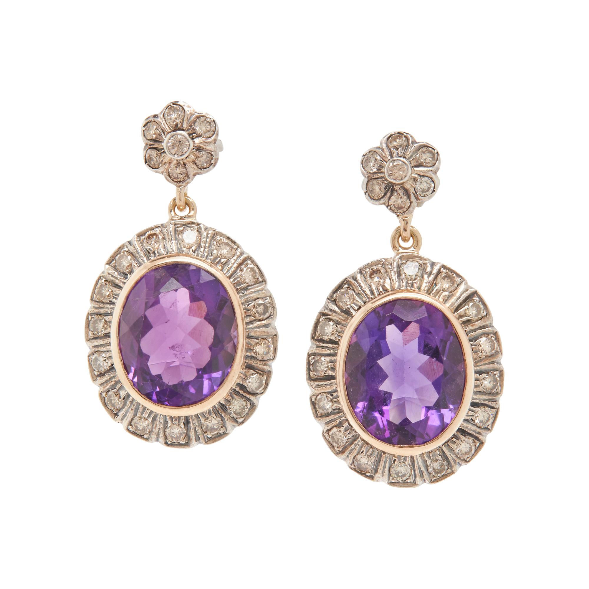 SILVER-TOPPED GOLD, AMETHYST AND DIAMOND EARRINGS