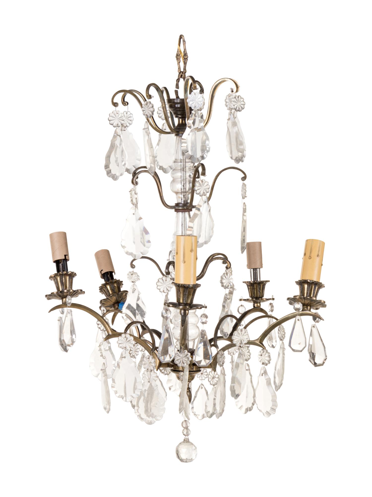 A French Gilt Metal and Cut Glass Five-Light Chandelier