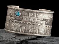 Tufa Cast Sterling Silver and Turquoise Cuff Bracelet, Pueblo Scene