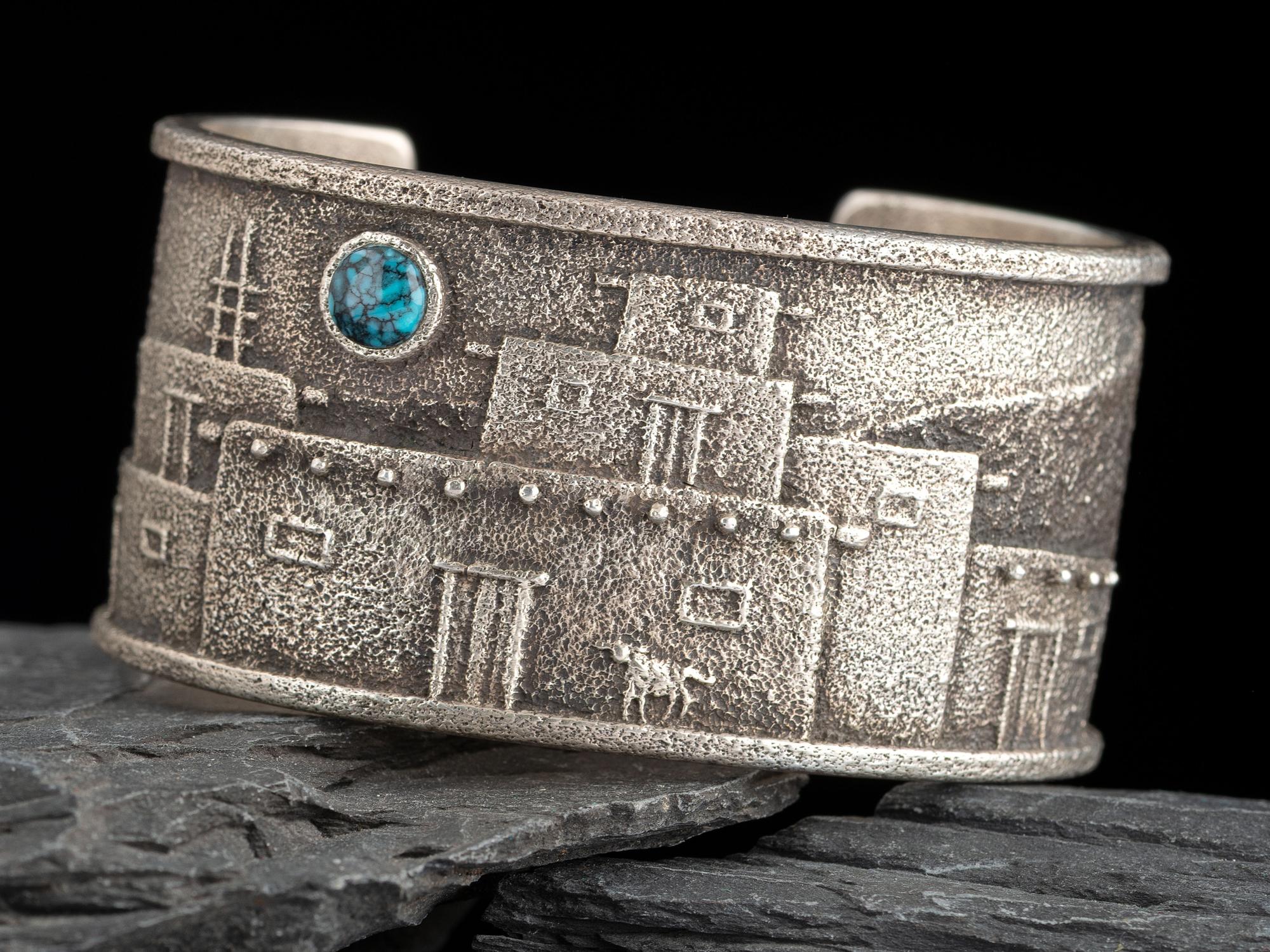Tufa Cast Sterling Silver and Turquoise Cuff Bracelet, Pueblo Scene