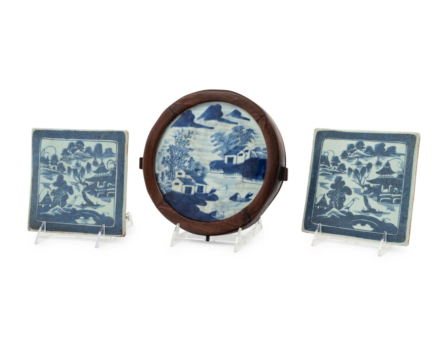 Three Chinese Export Canton Blue and White Porcelain Plaques