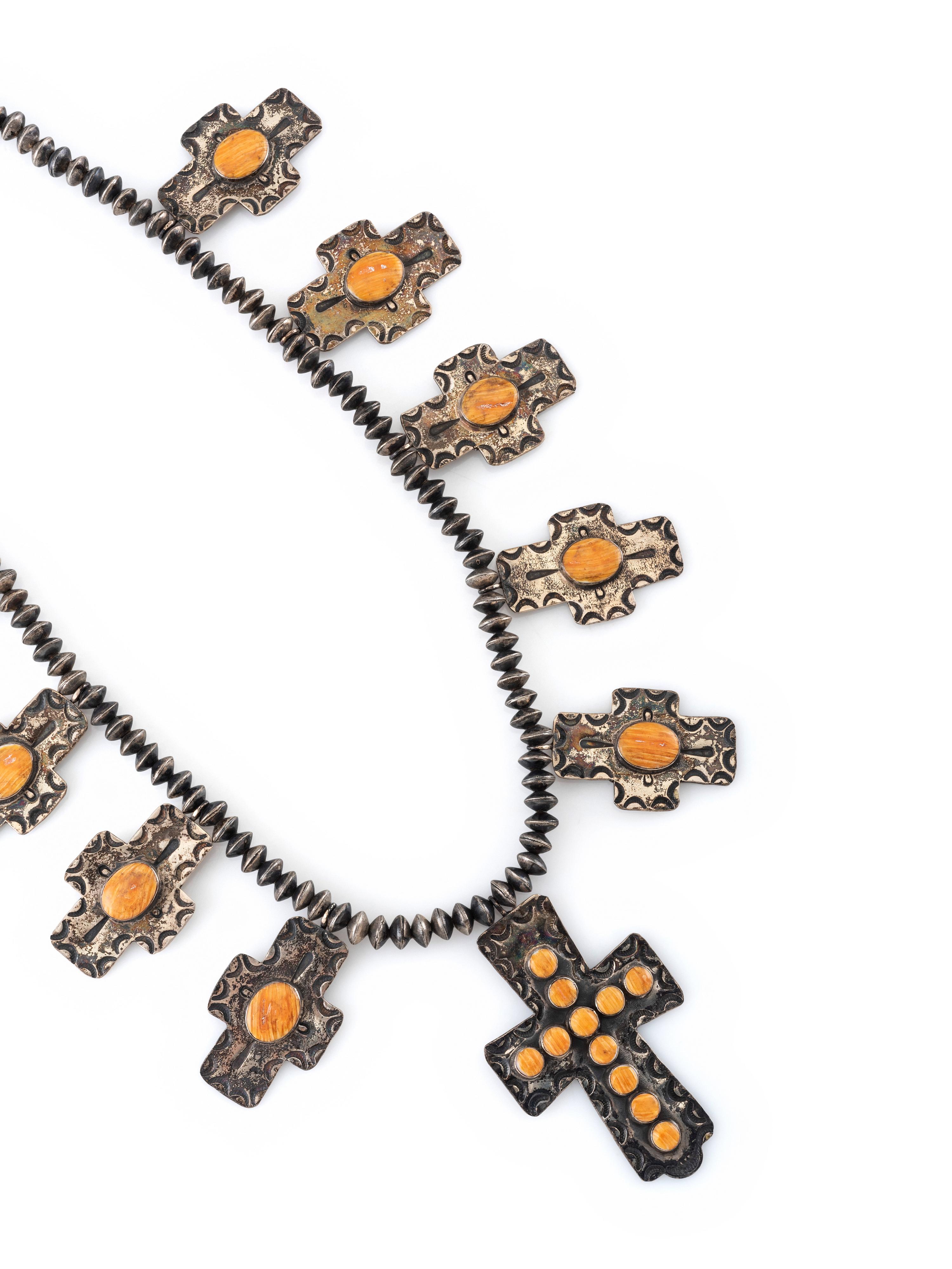 Navajo Spiny Oyster and Silver Cross Necklace