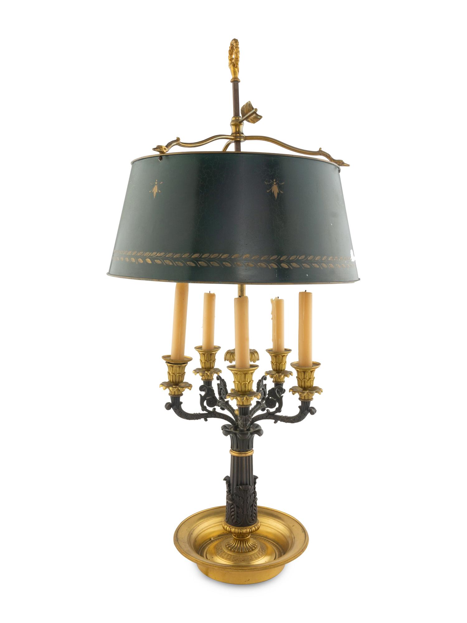 A Charles X Gilt and Patinated Bronze Bouillotte Lamp
