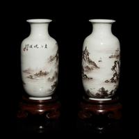 A Pair of Small Chinese Grisaille Decorated 'Landscape' Porcelain Vases, Early-Mid 20th Century — 近代 墨彩山水圖燈籠瓶一對 帶木座