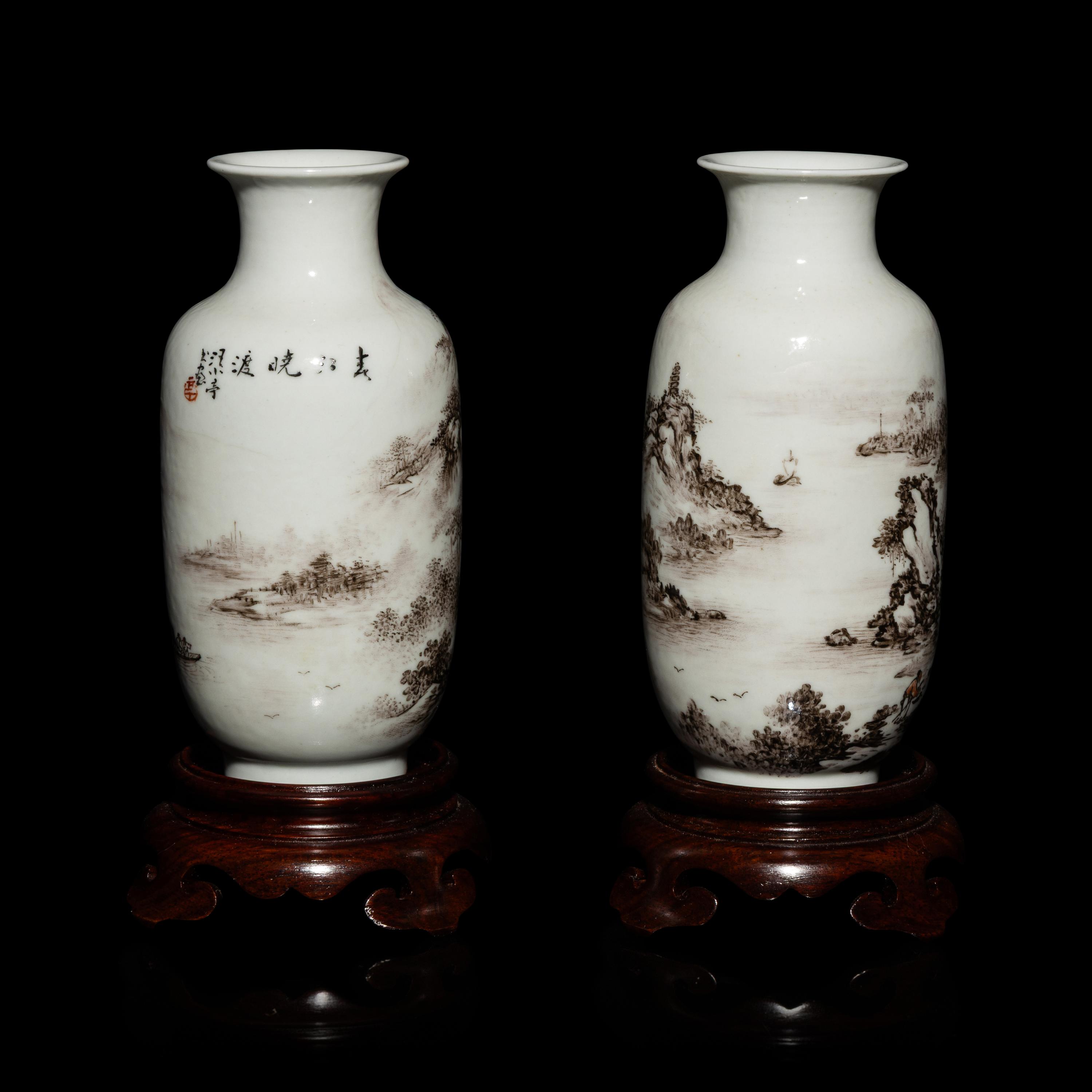 A Pair of Small Chinese Grisaille Decorated 'Landscape' Porcelain Vases, Early-Mid 20th Century — 近代 墨彩山水圖燈籠瓶一對 帶木座