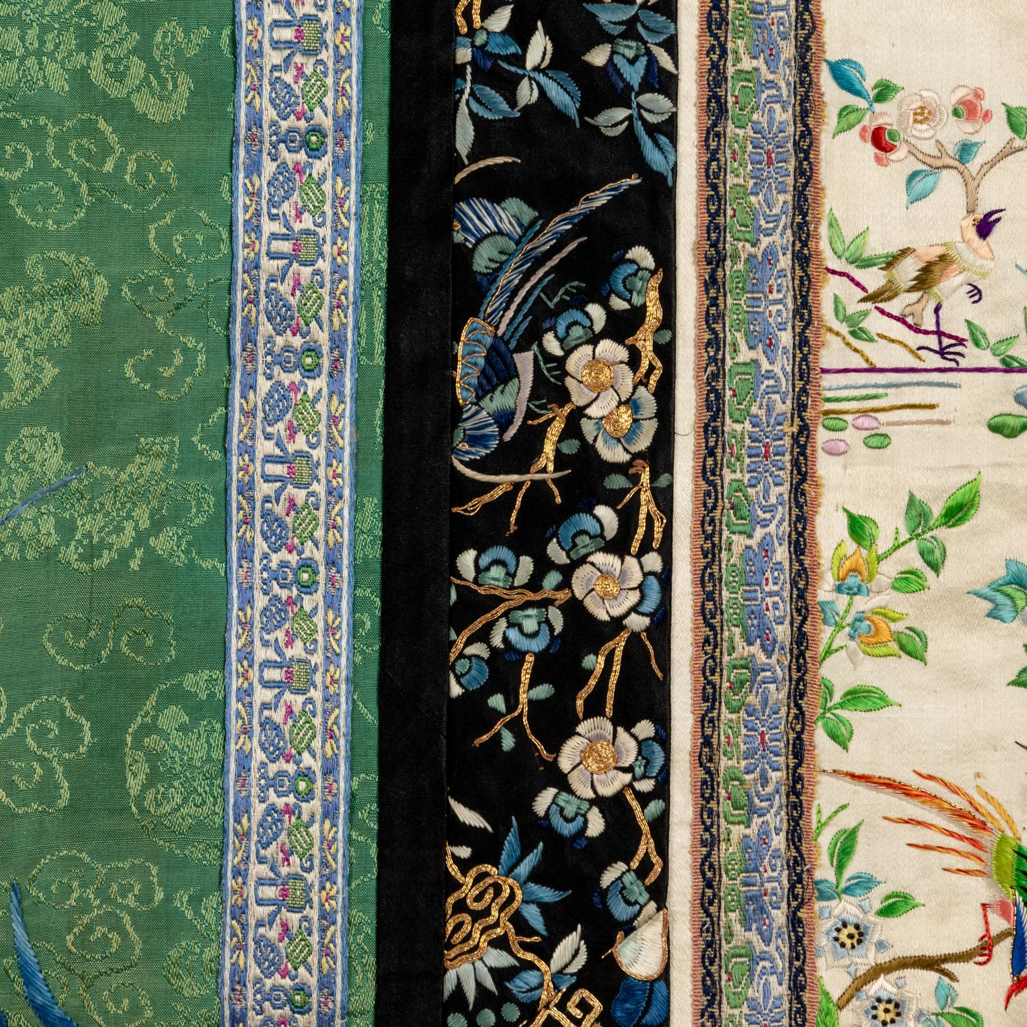 A Chinese Apple Green Ground Embroidered 'Peonies and Insects' Silk Lady's Robe, Changyi, 19th Century 清晚期 蘋果綠地綉牡丹草蟲氅衣