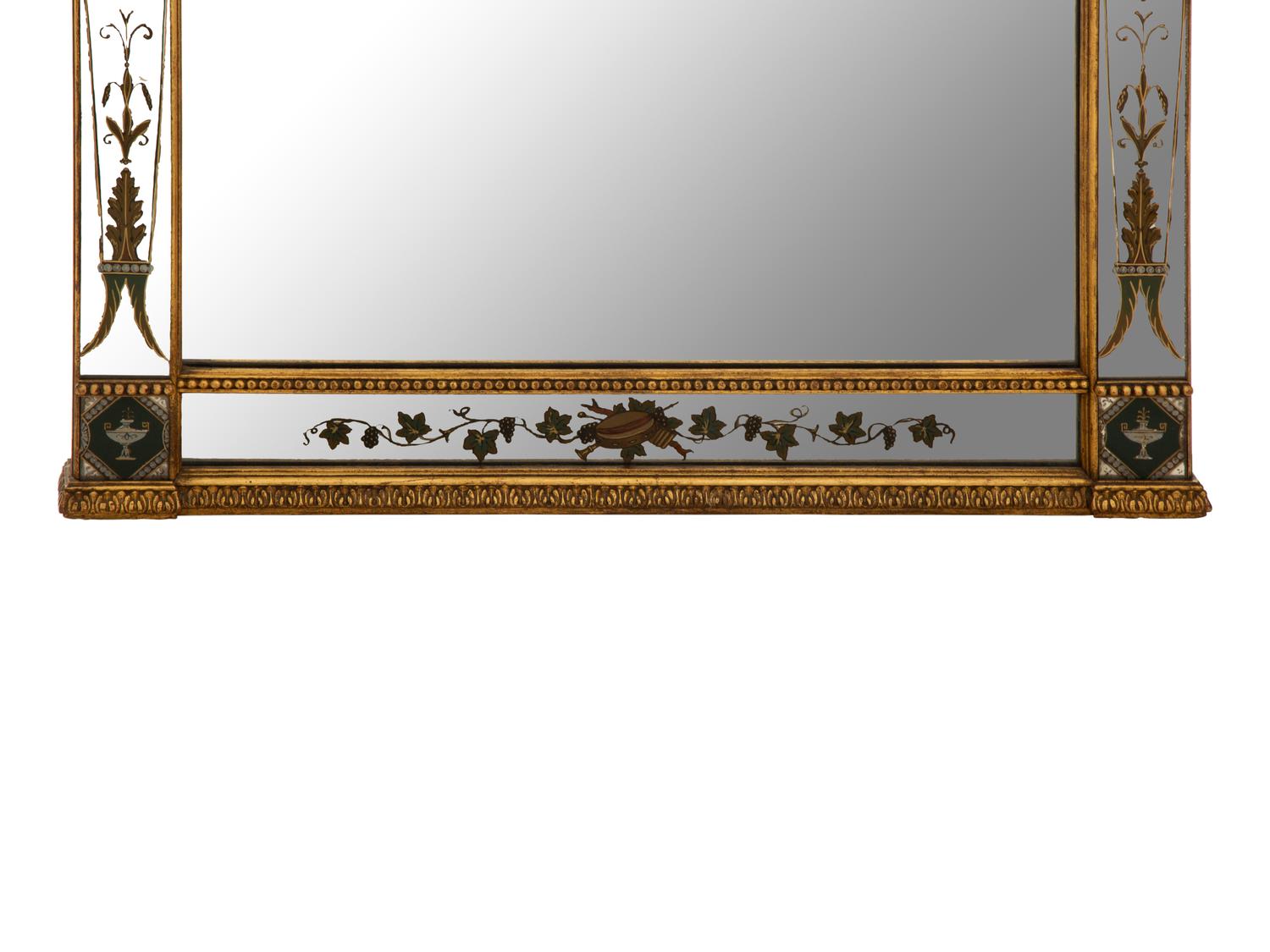 A Neoclassical Style Reverse-Painted Glass and Giltwood Mirror