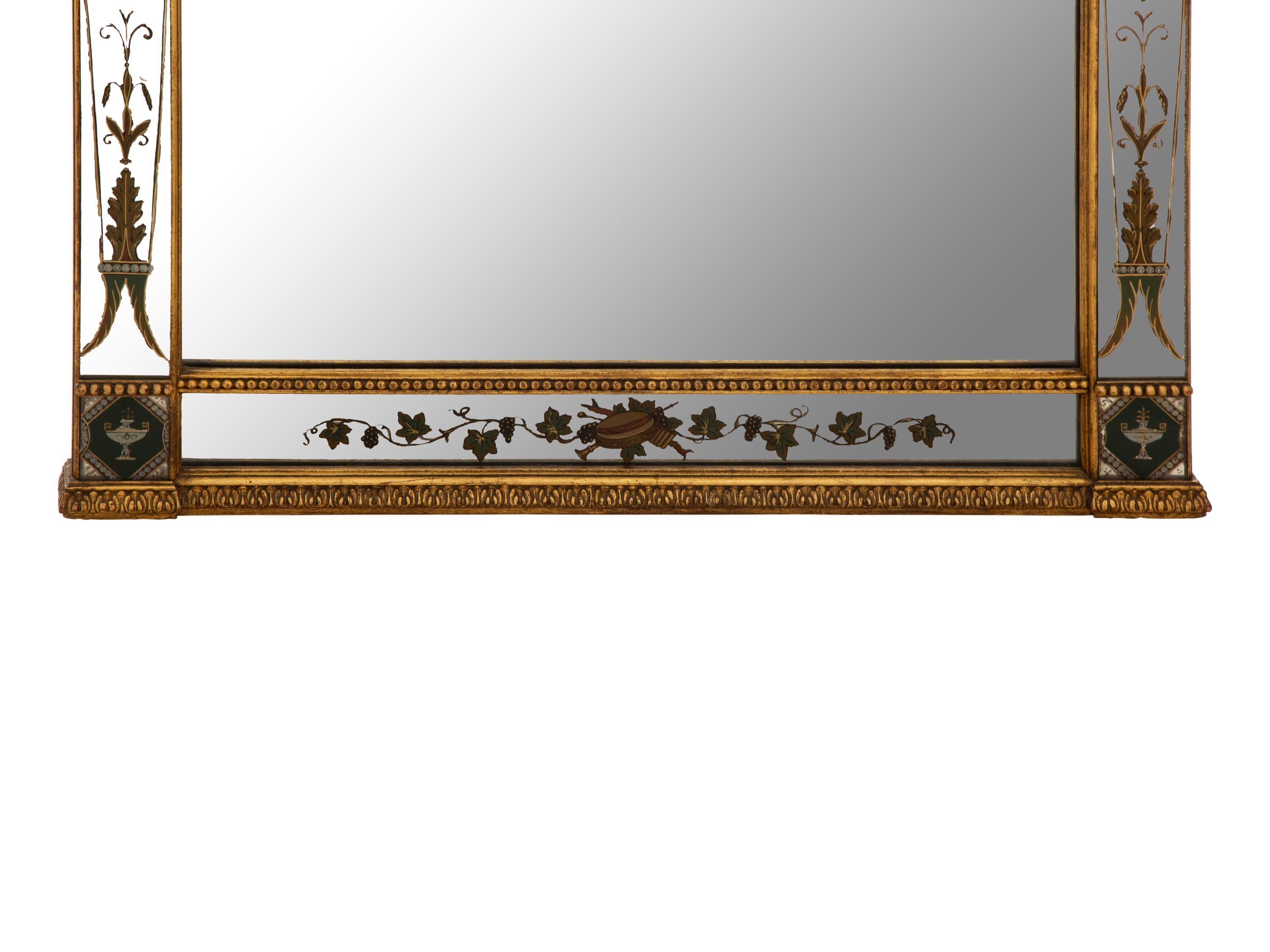 A Neoclassical Style Reverse-Painted Glass and Giltwood Mirror