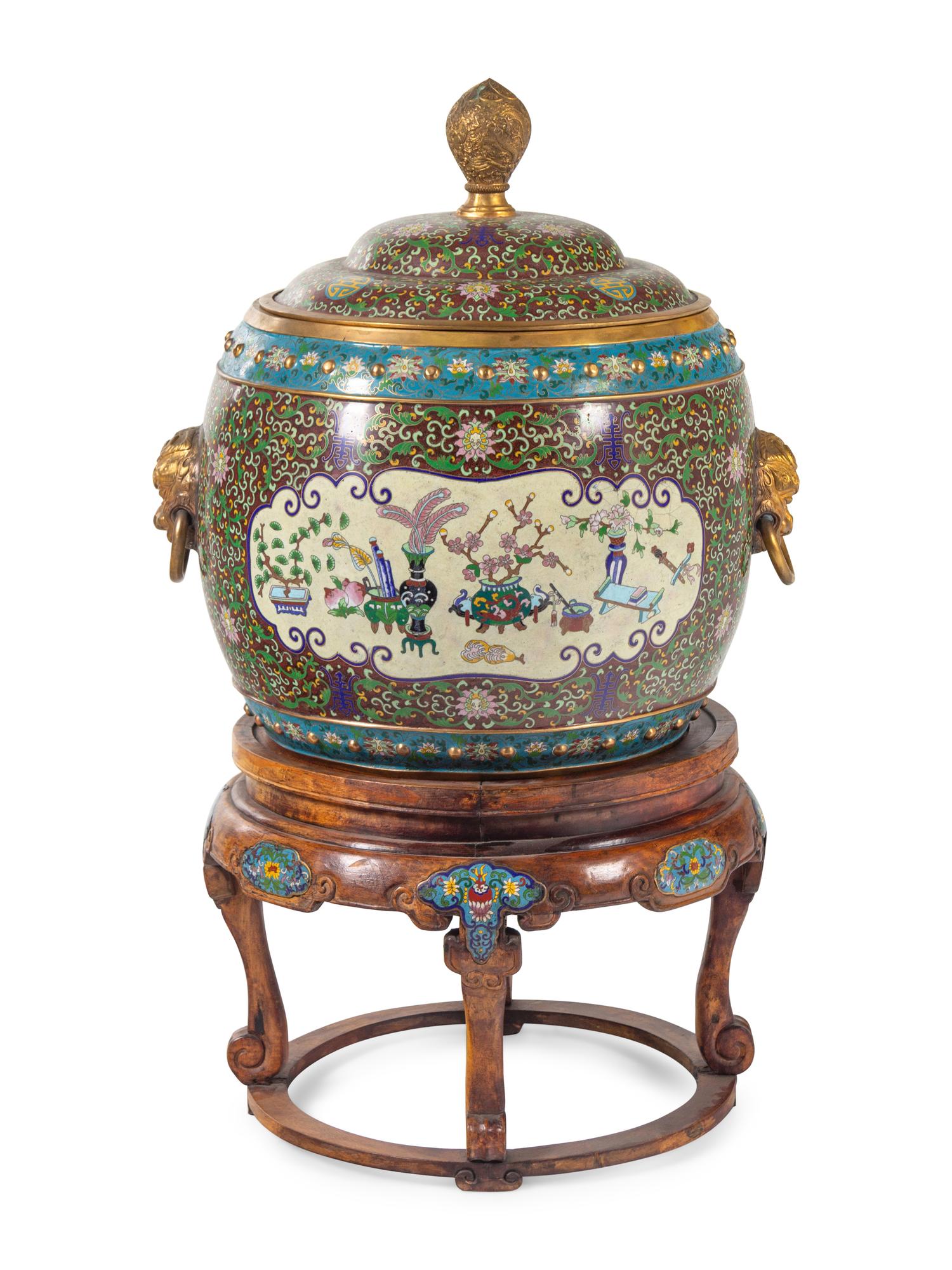 A Large Chinese Cloisonné Enamel Covered Jar and A Hardwood Stand