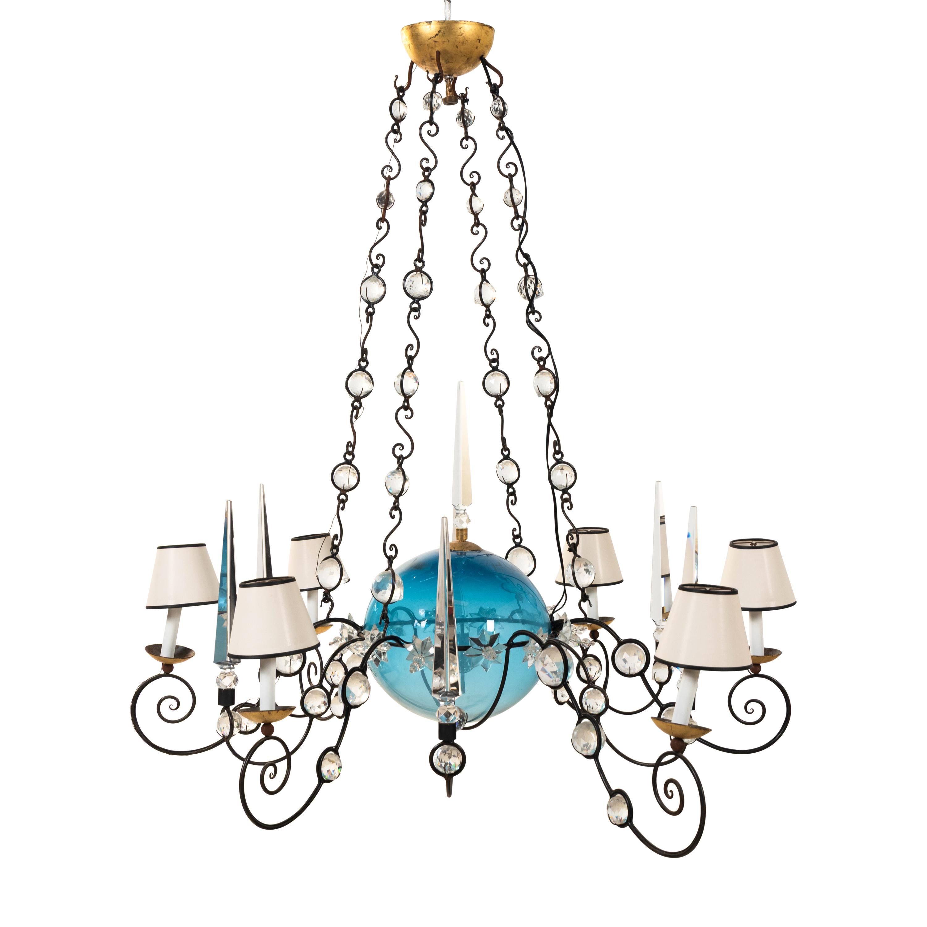 A Custom Blown Blue Glass and Faceted Clear Glass Chandelier