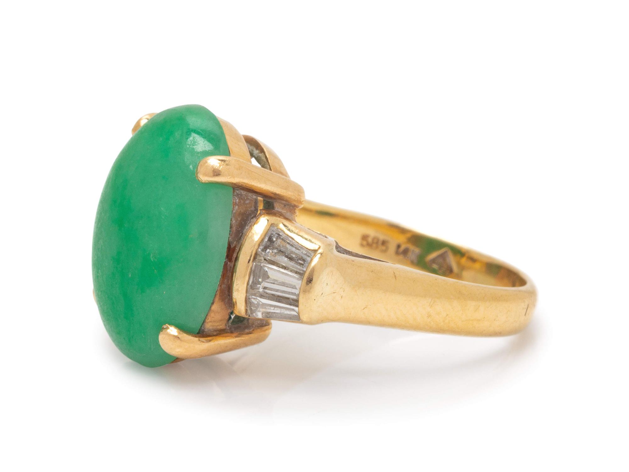 A 14 Karat Yellow Gold, Jade and Diamond Ring,