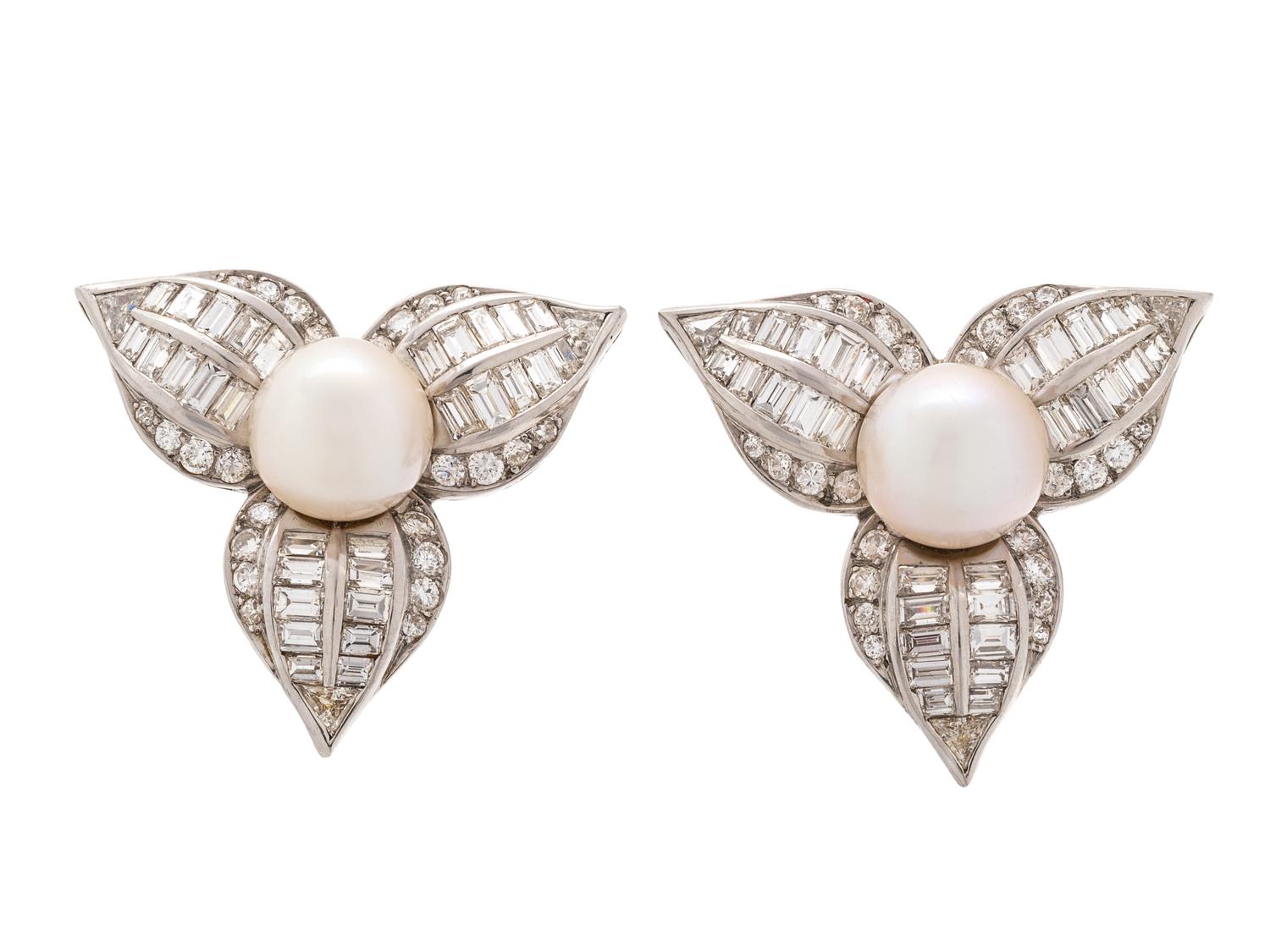 CULTURED PEARL AND DIAMOND EARCLIPS