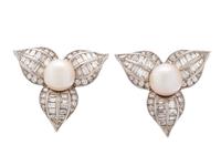 CULTURED PEARL AND DIAMOND EARCLIPS