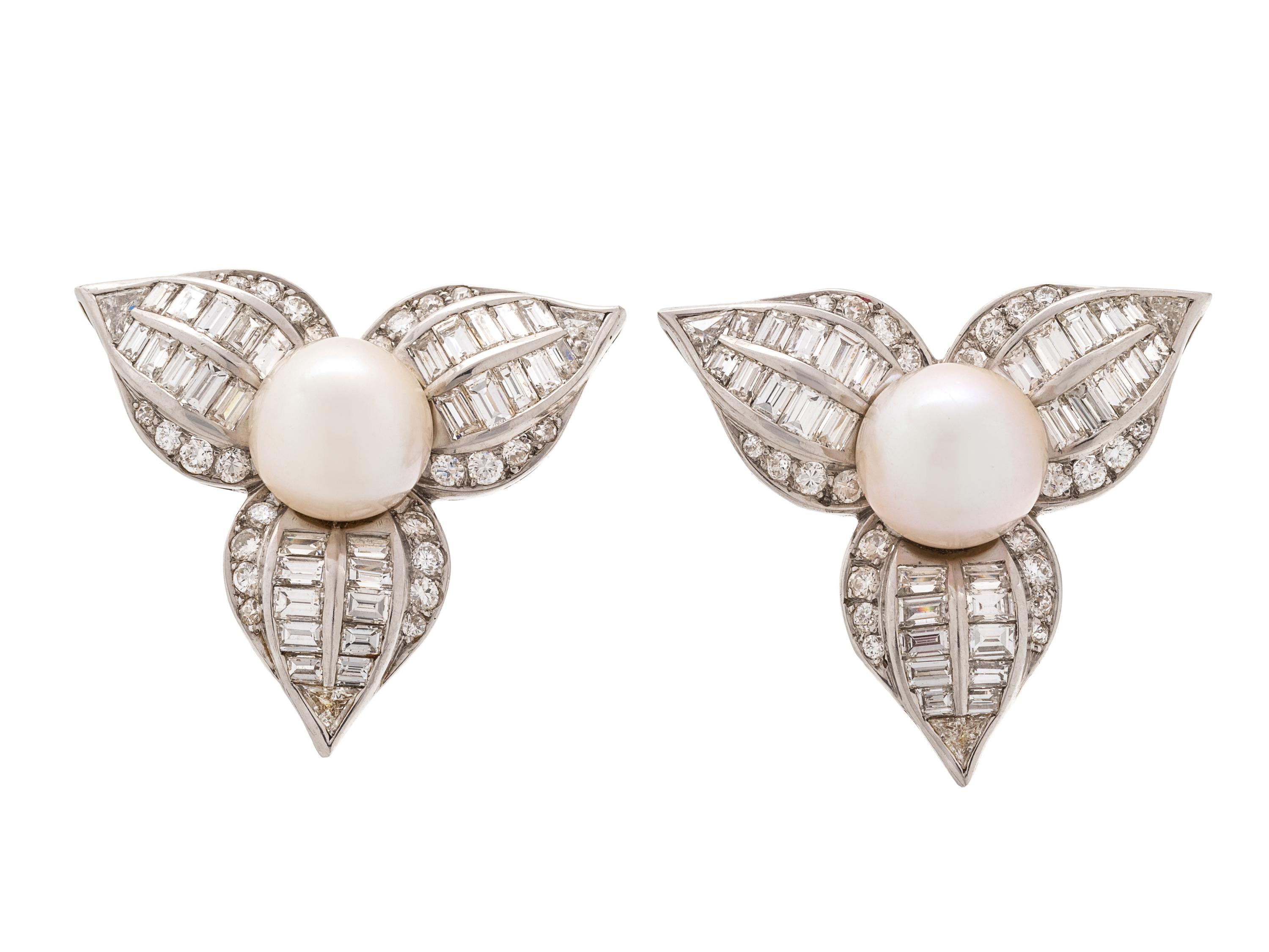 CULTURED PEARL AND DIAMOND EARCLIPS