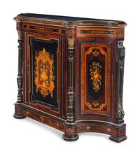 A Victorian Parcel Gilt Ebonized and Inlaid Rosewood Parlor Cabinet