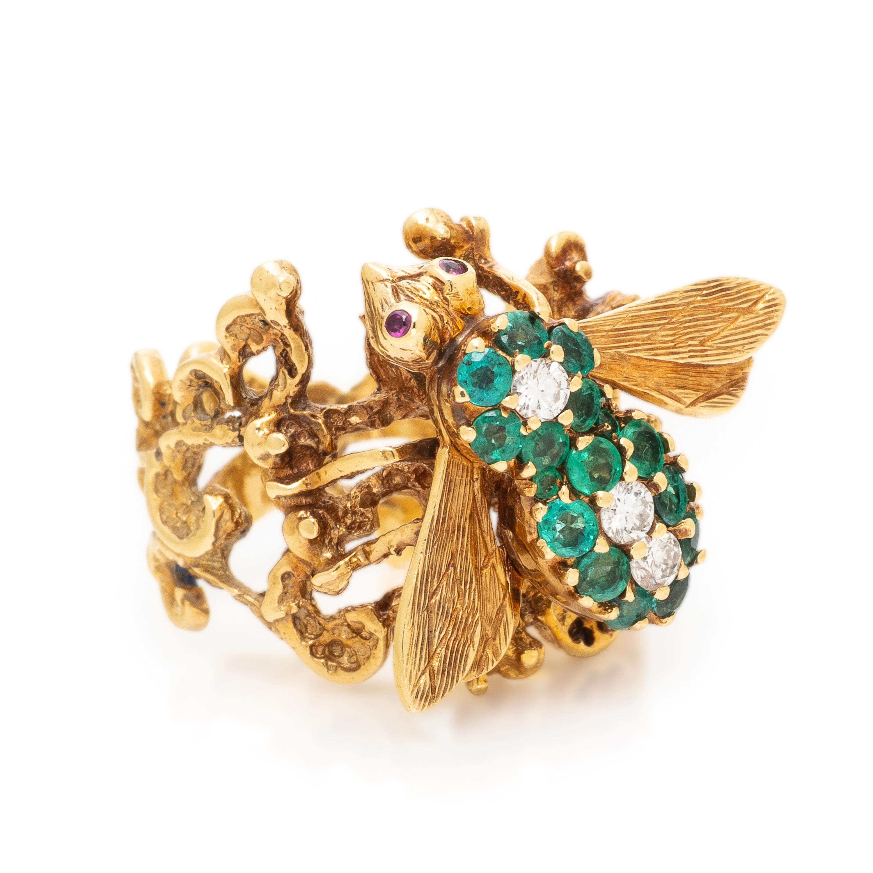 Emerald, Diamond, and Yellow Gold Bee Ring