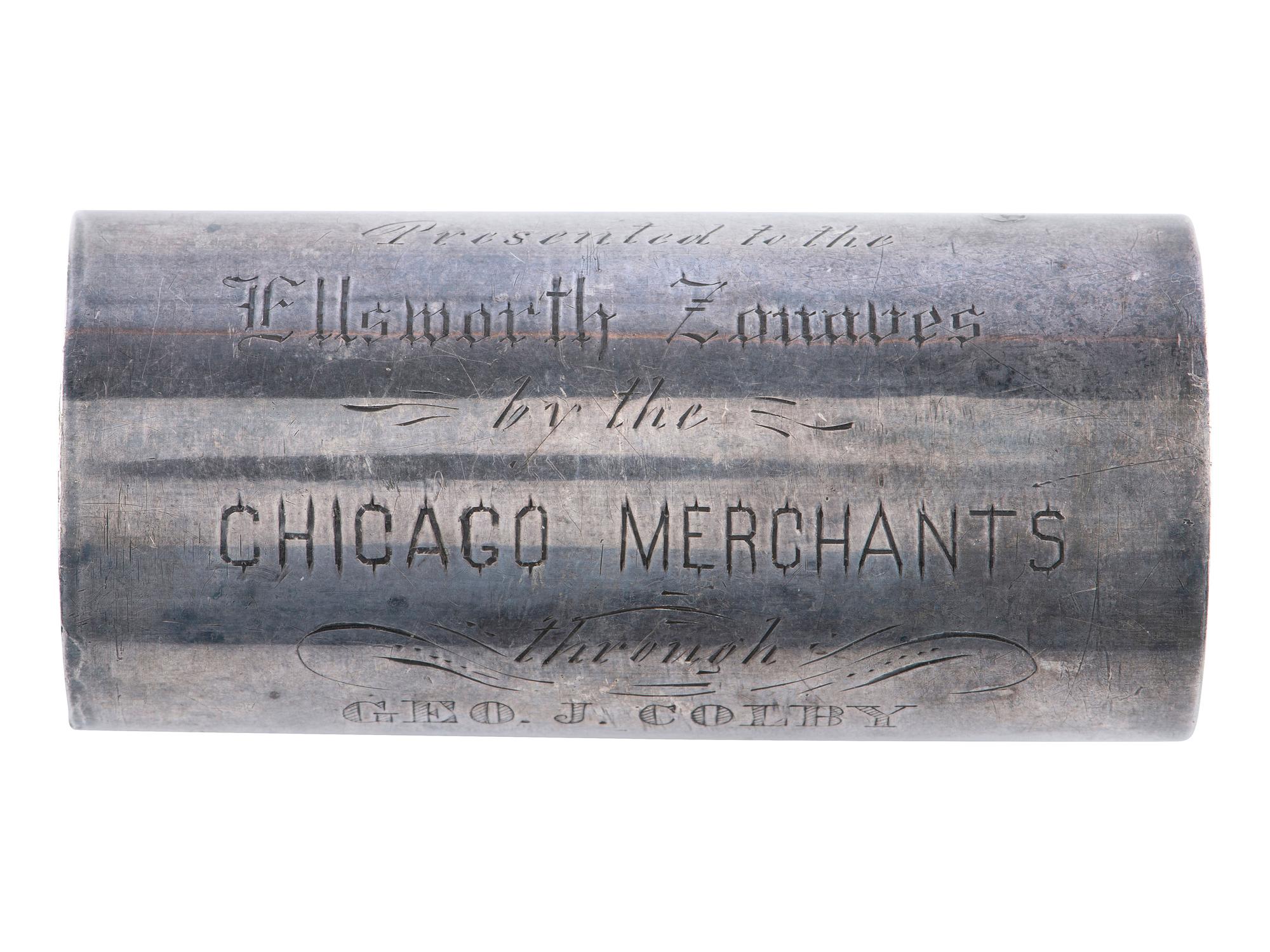 [CIVIL WAR -- ZOUAVES]. Presentation silver flag staff collar with inscription to the Ellsworth Zouaves from the Chicago Merchants. 27 July 1868.