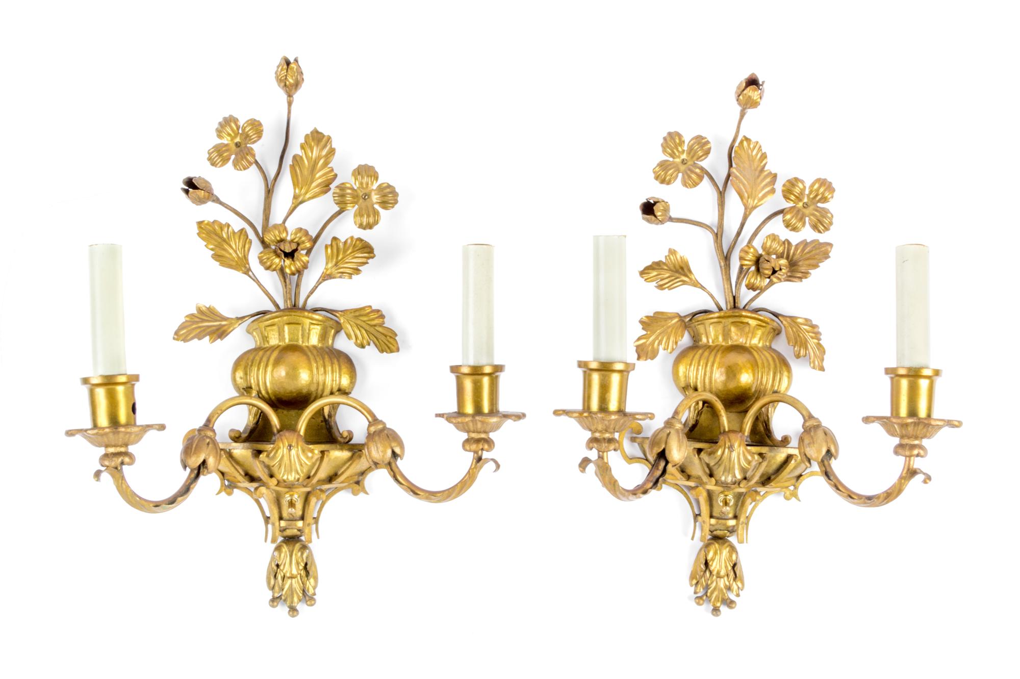 A Pair of Victorian Style Gilt Metal Sconces Height 18 inches.
