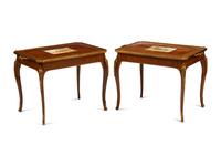 A Pair of Louis XV Style Gilt Bronze and Porcelain Mounted Marquetry Tables
