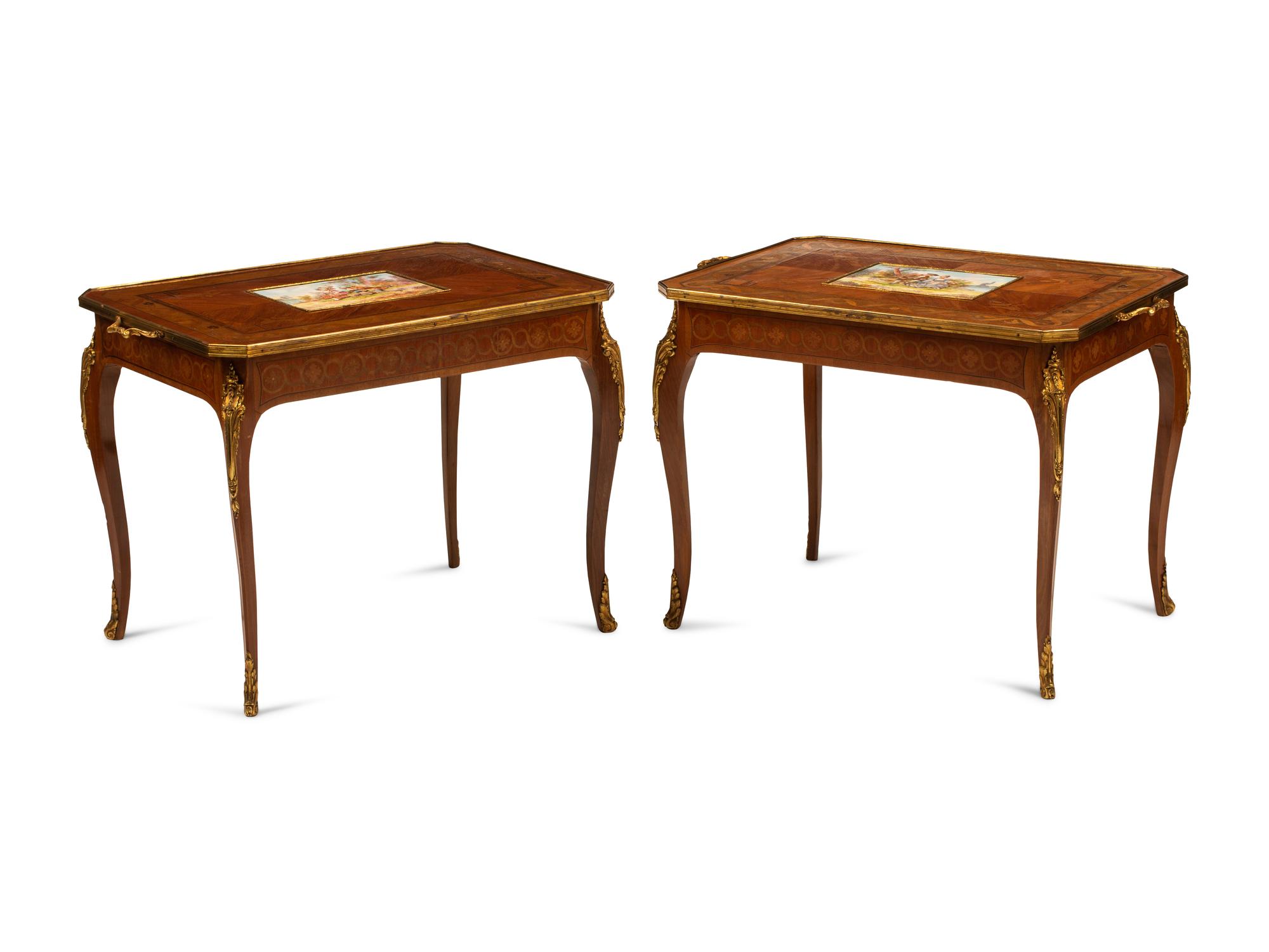 A Pair of Louis XV Style Gilt Bronze and Porcelain Mounted Marquetry Tables