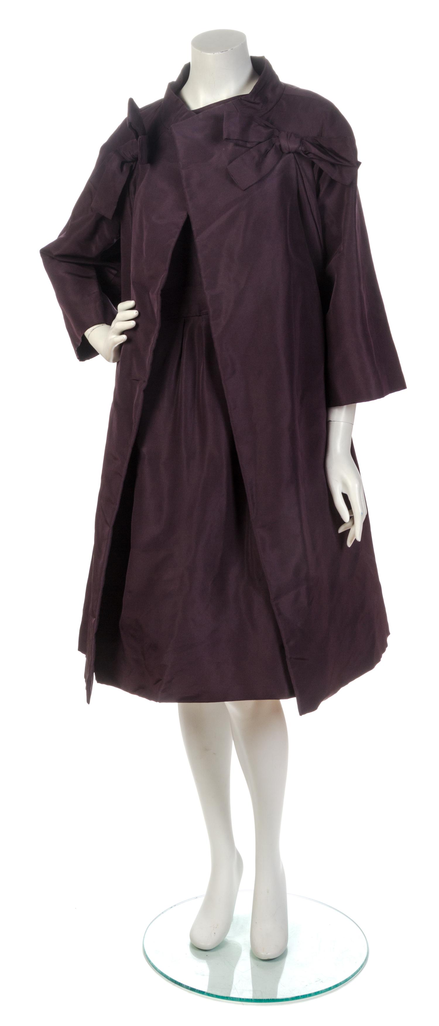 A Christian Dior Plum Peau De Soie Cocktail Dress Ensemble,
