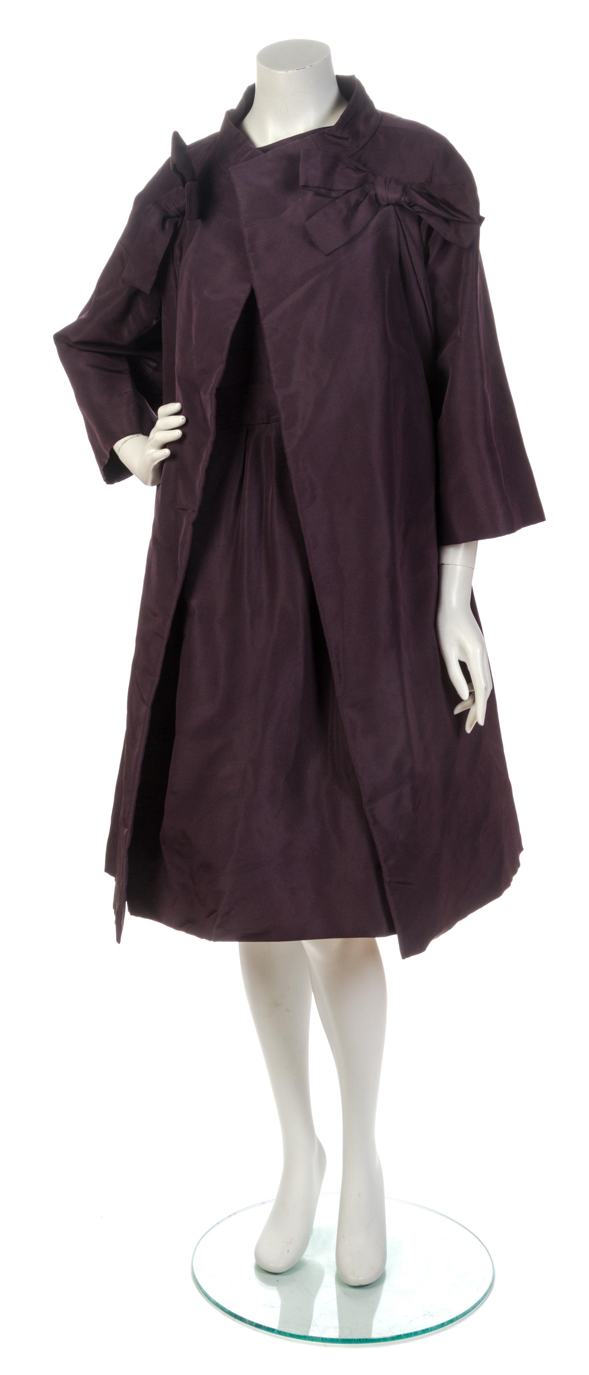 A Christian Dior Plum Peau De Soie Cocktail Dress Ensemble,