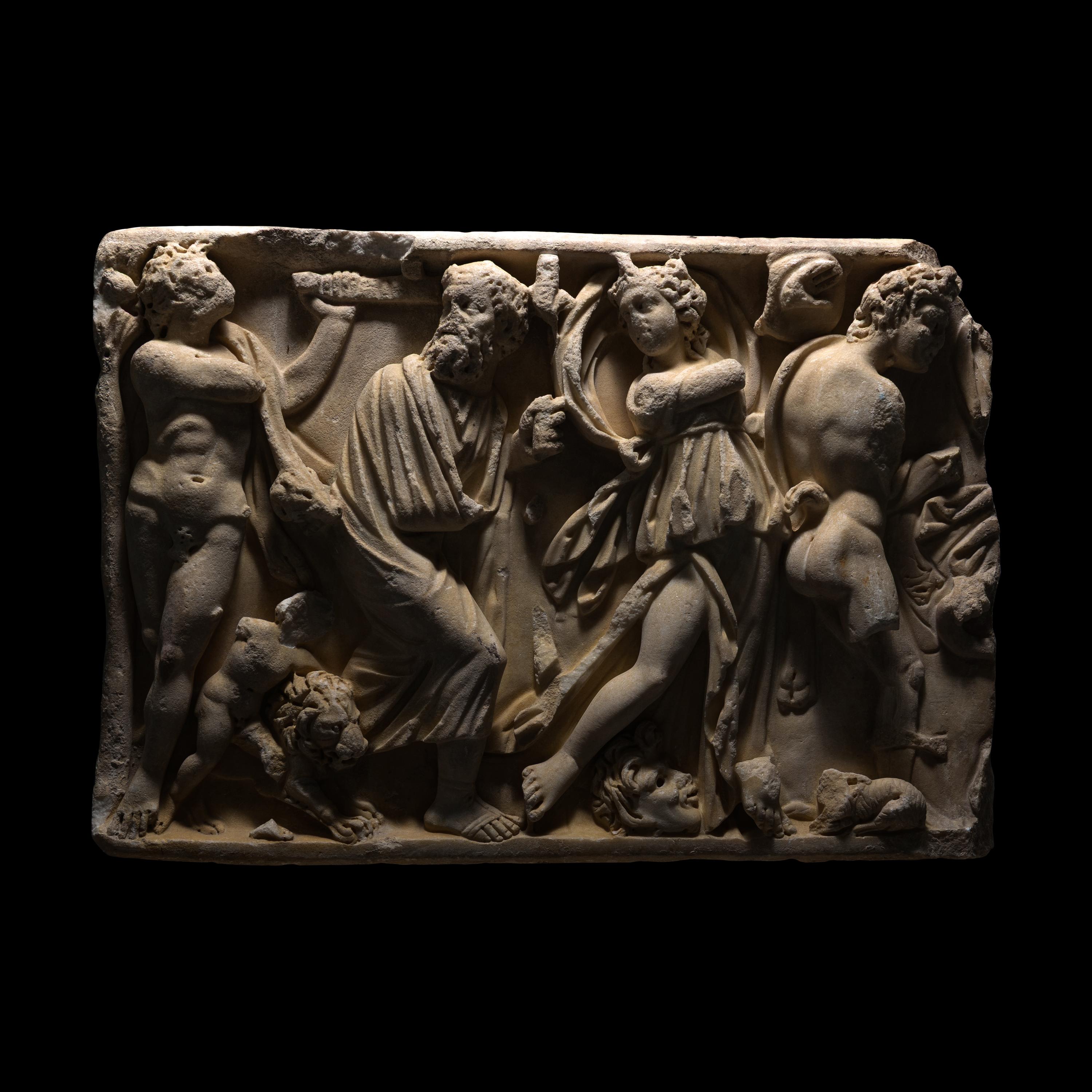 A Roman Marble Sarcophagus Fragment with a Dionysian Scene