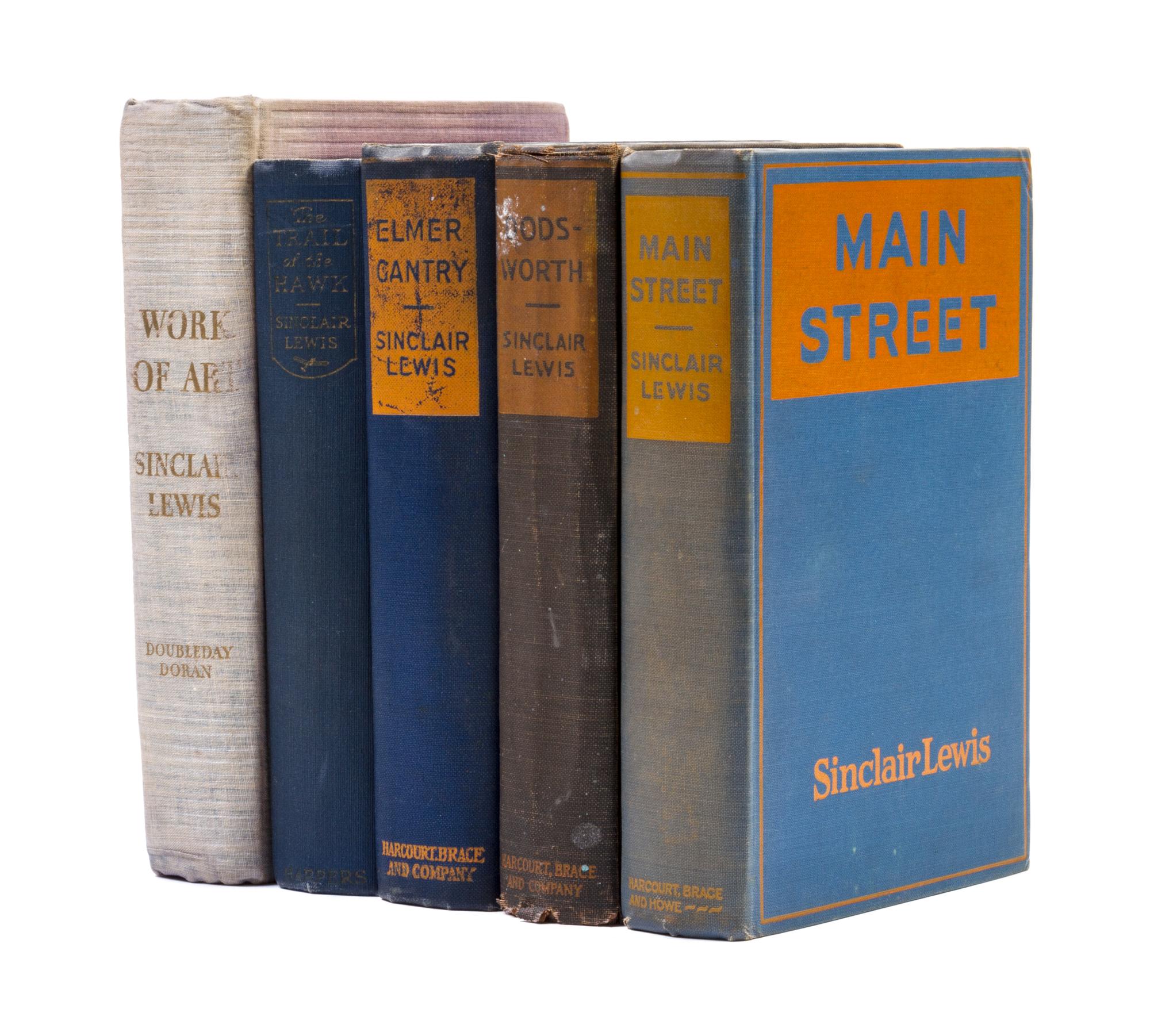 LEWIS, SINCLAIR. Five first editions including Elmer Gantry, Dodsworth, Main Street, Trail of the Hawk, and Work of Art. New York.