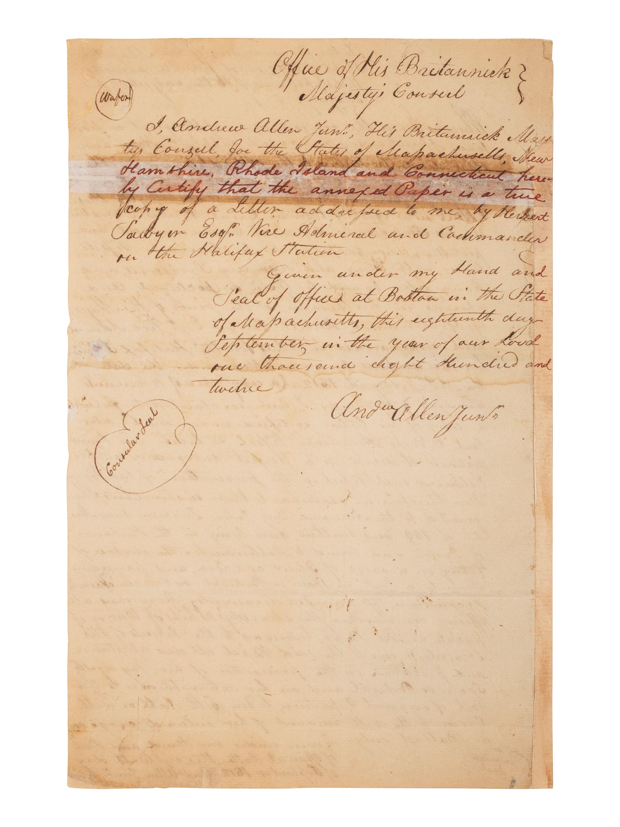 [WAR OF 1812]. ALLEN, Andrew, Jr. Manuscript document signed ("And'w Allen Junr."). 18 September 1812. Addressed to the Commanders of his Majesty's Ships of War, or of private armed Ships belonging to the subjects of his Majesty.