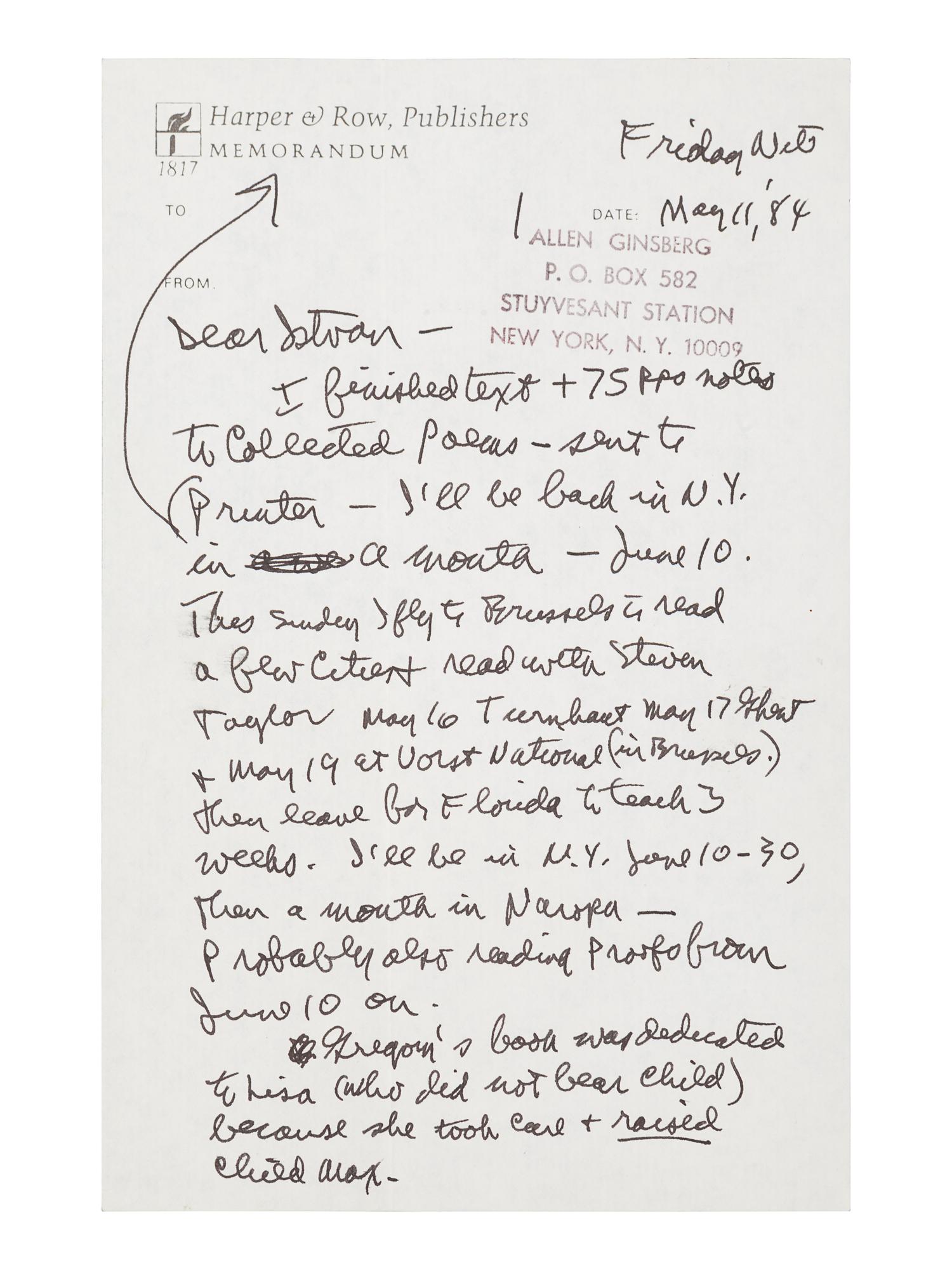 GINSBERG, Allen (1926-1997). Autograph letter signed ("Allan"), to István Eörsi. New York, New York, 11 May 1984. 4 pages, 8vo, 215 x 138 mm, on Harper & Row, Publishers Memorandum paper, Ginsberg's return address stamped on the first page, with original envelope .