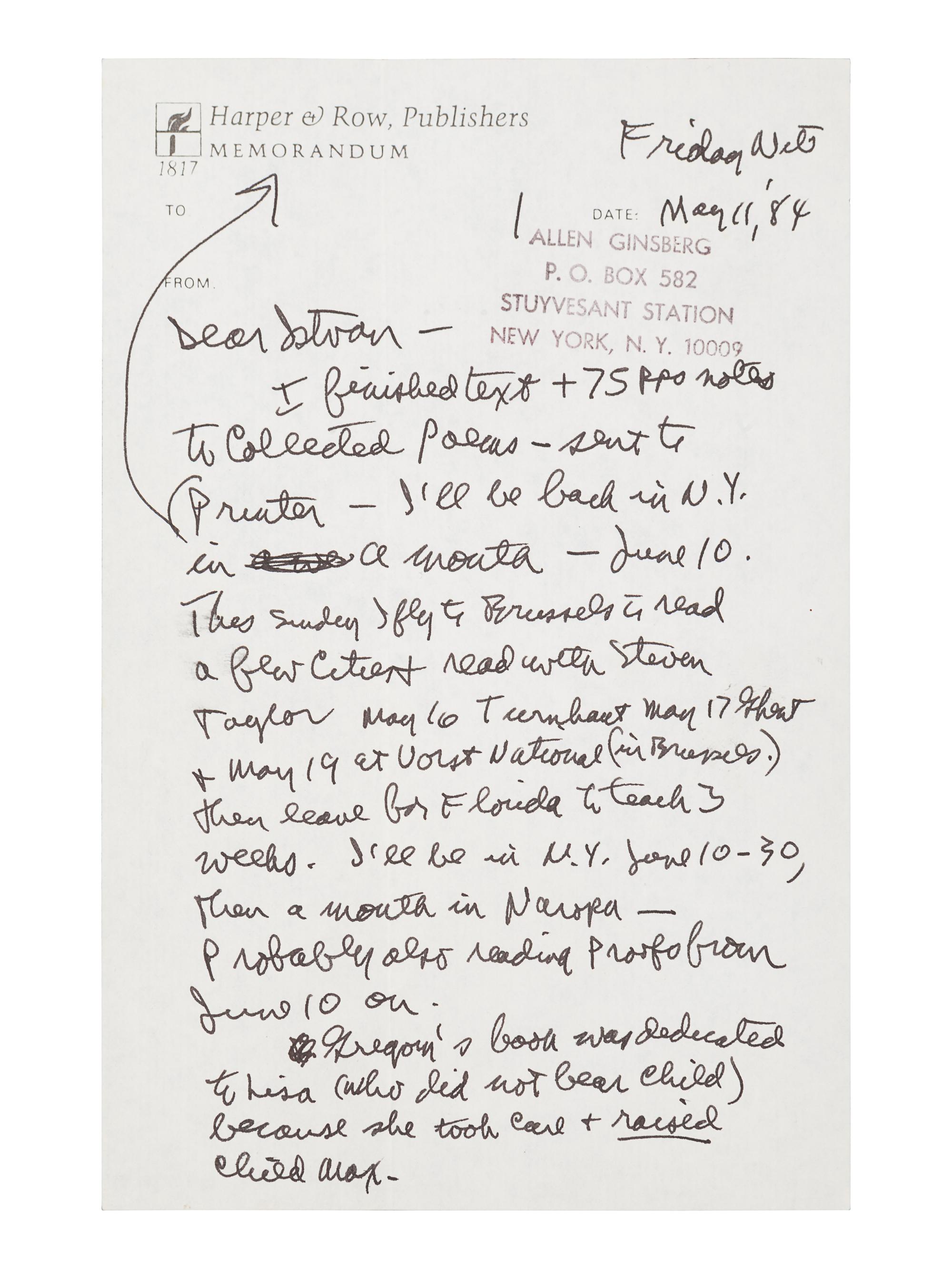 GINSBERG, Allen (1926-1997). Autograph letter signed ("Allan"), to István Eörsi. New York, New York, 11 May 1984. 4 pages, 8vo, 215 x 138 mm, on Harper & Row, Publishers Memorandum paper, Ginsberg's return address stamped on the first page, with original envelope .