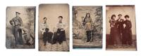 [EARLY PHOTOGRAPHY - PORTRAITURE]. A leatherette accordion album containing 8 tintype portraits of men and women in unusual poses and with interesting props, including: