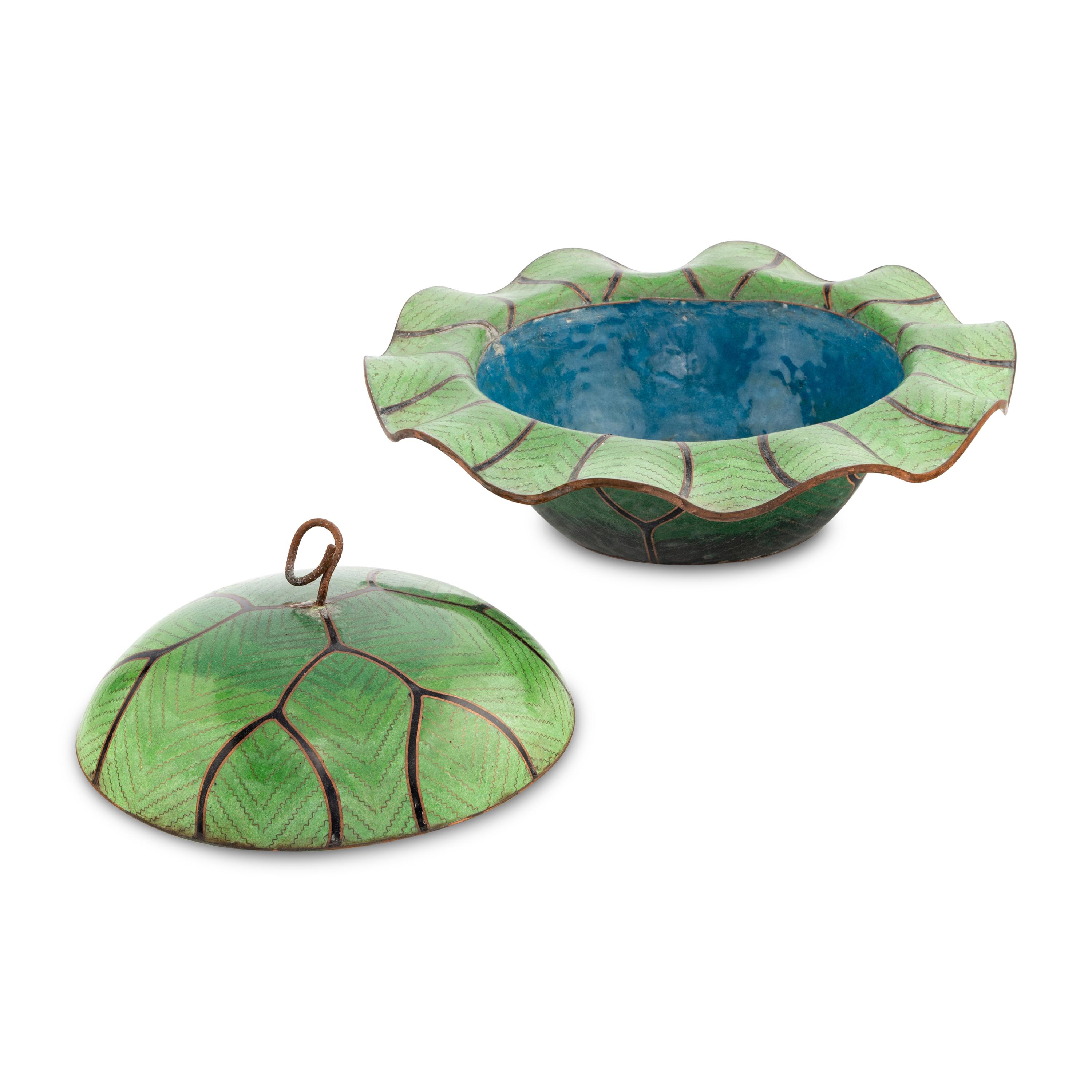 A Chinese Cloisonné Cabbage-Form Covered Basin