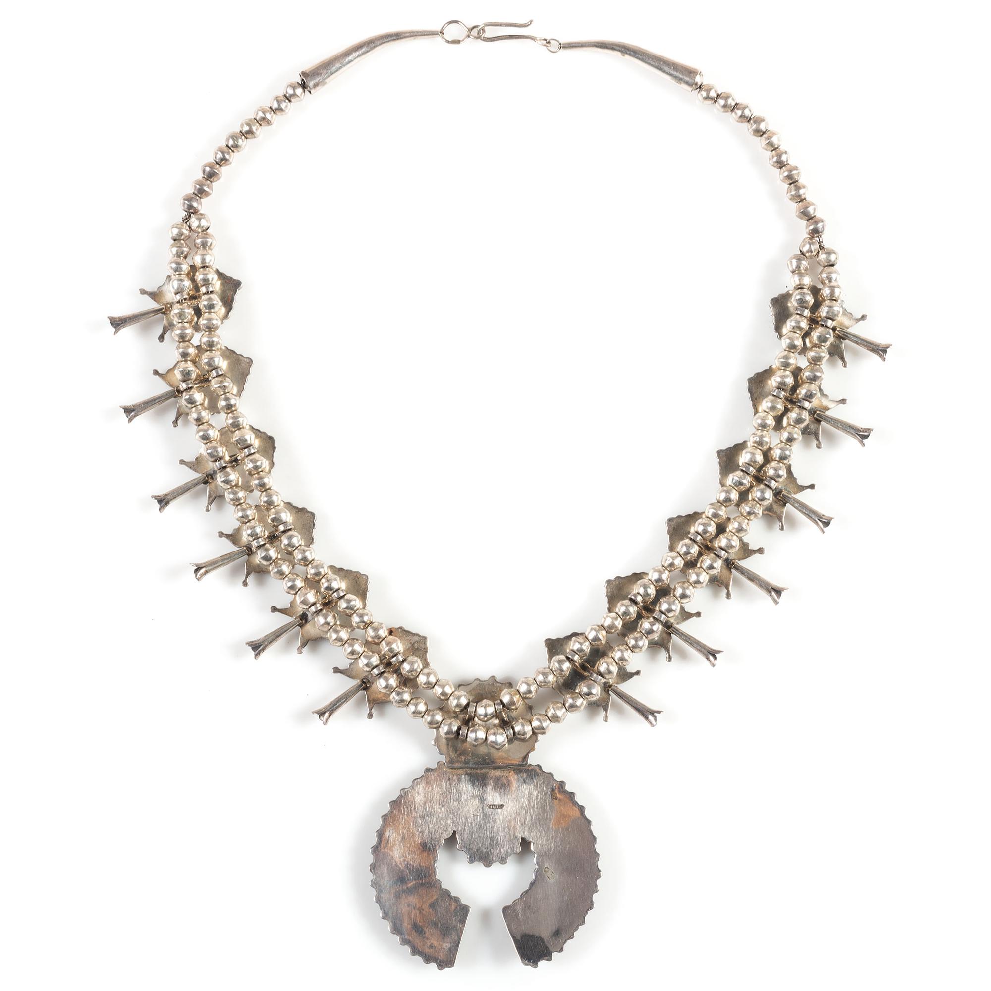 Zuni Sterling Silver and Petit Point Turquoise Squash Blossom Necklace