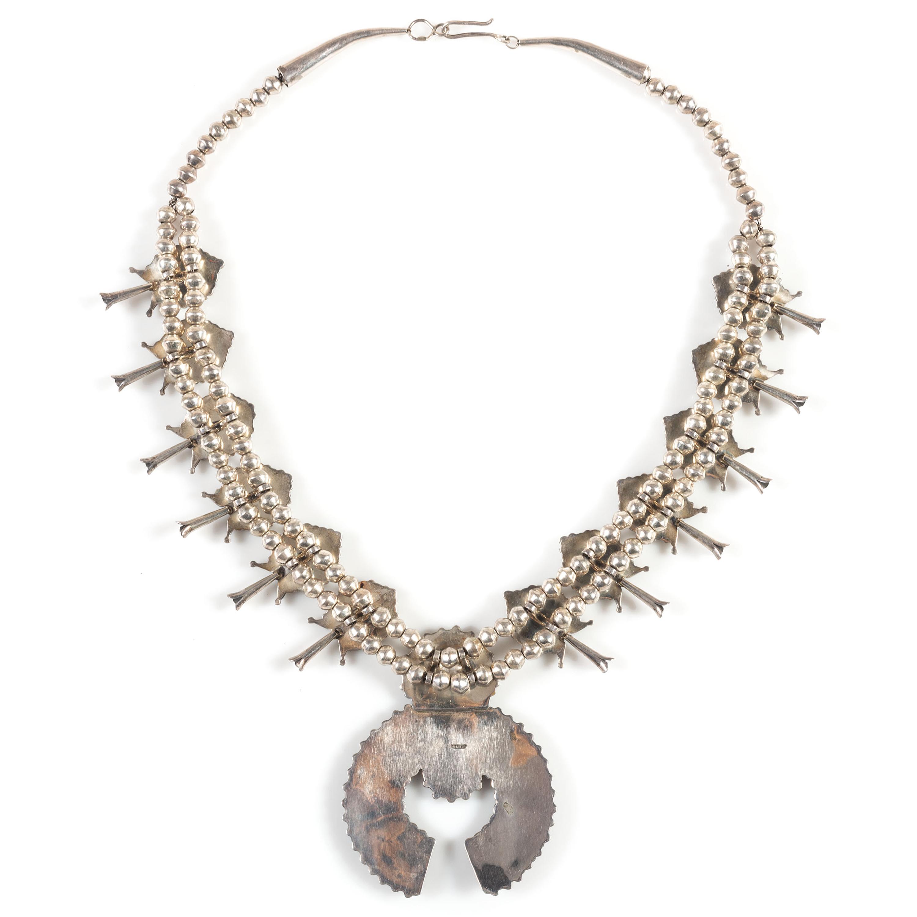 Zuni Sterling Silver and Petit Point Turquoise Squash Blossom Necklace