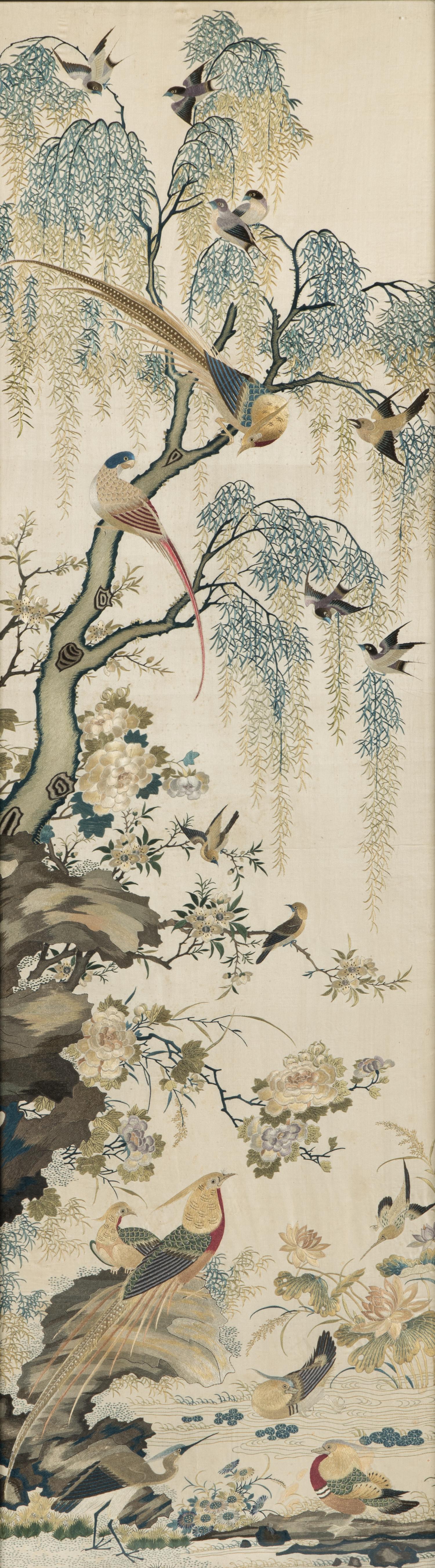 A Beige Ground Canton Style Embroidered Silk Panel