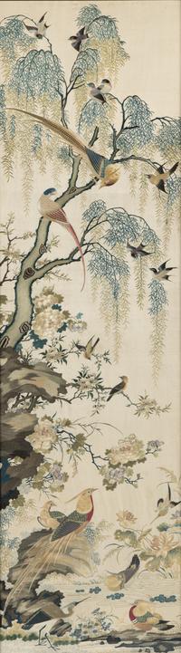 A Beige Ground Canton Style Embroidered Silk Panel