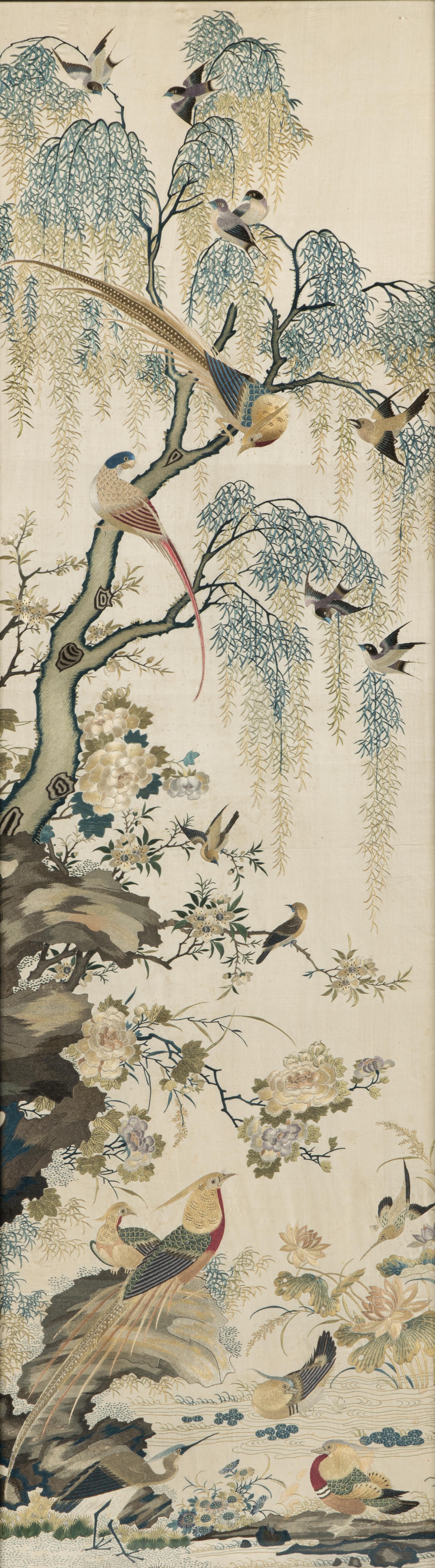 A Beige Ground Canton Style Embroidered Silk Panel