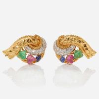 A Pair of 18K Yellow Gold, Diamond, and Gemstone Earrings
