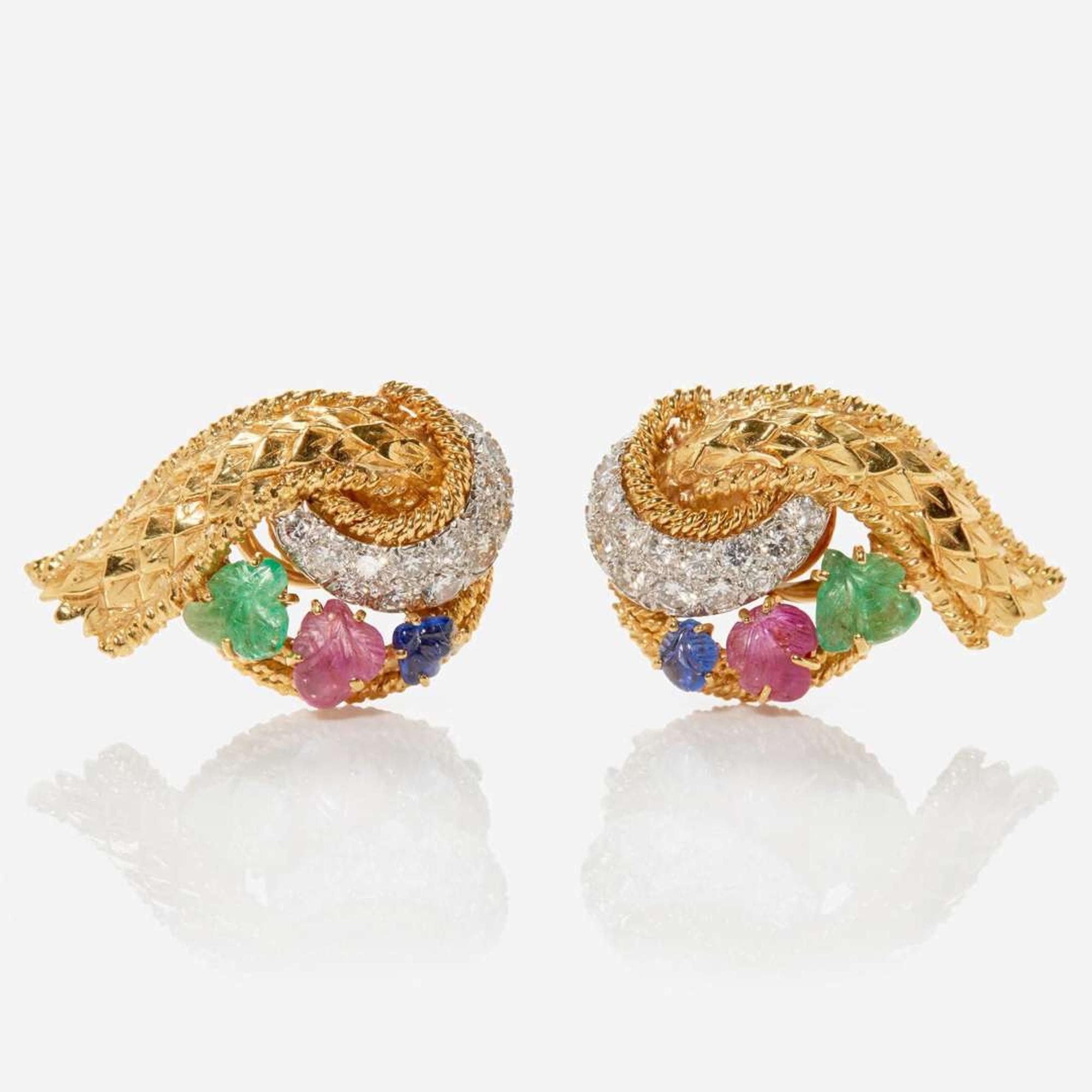 A Pair of 18K Yellow Gold, Diamond, and Gemstone Earrings