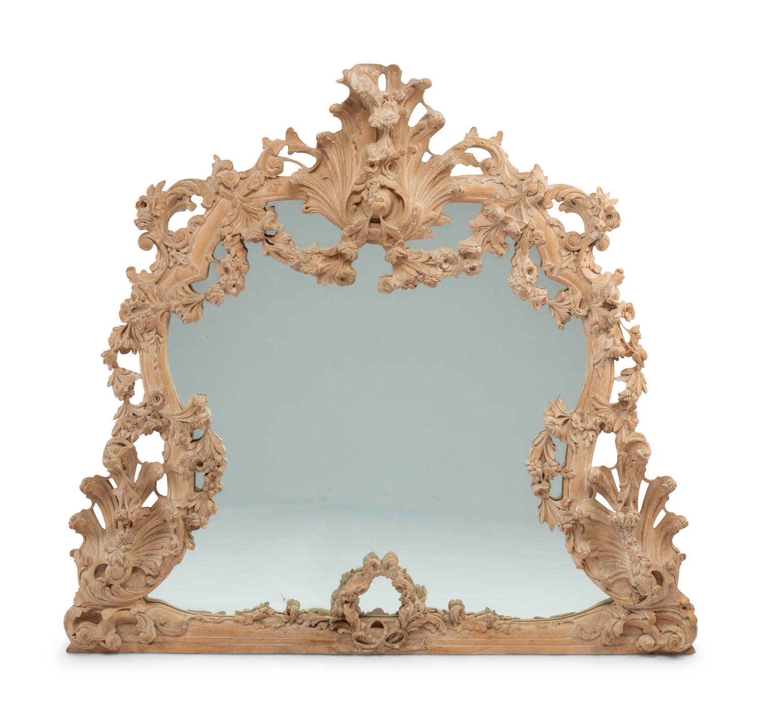 A German Rococo Style Limed Wood Overmantel Mirror
