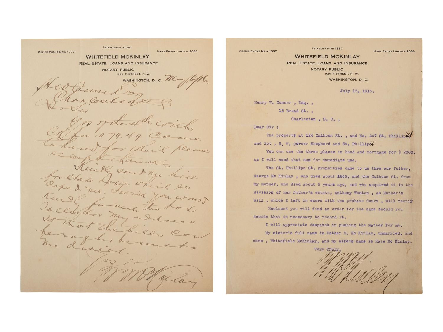 [RECONSTRUCTION]. A group of documents related to the McKinlay family of South Carolina, incl. Whitefield J. McKinlay, one of the wealthiest Black businessmen in the United States in the early twentieth century.