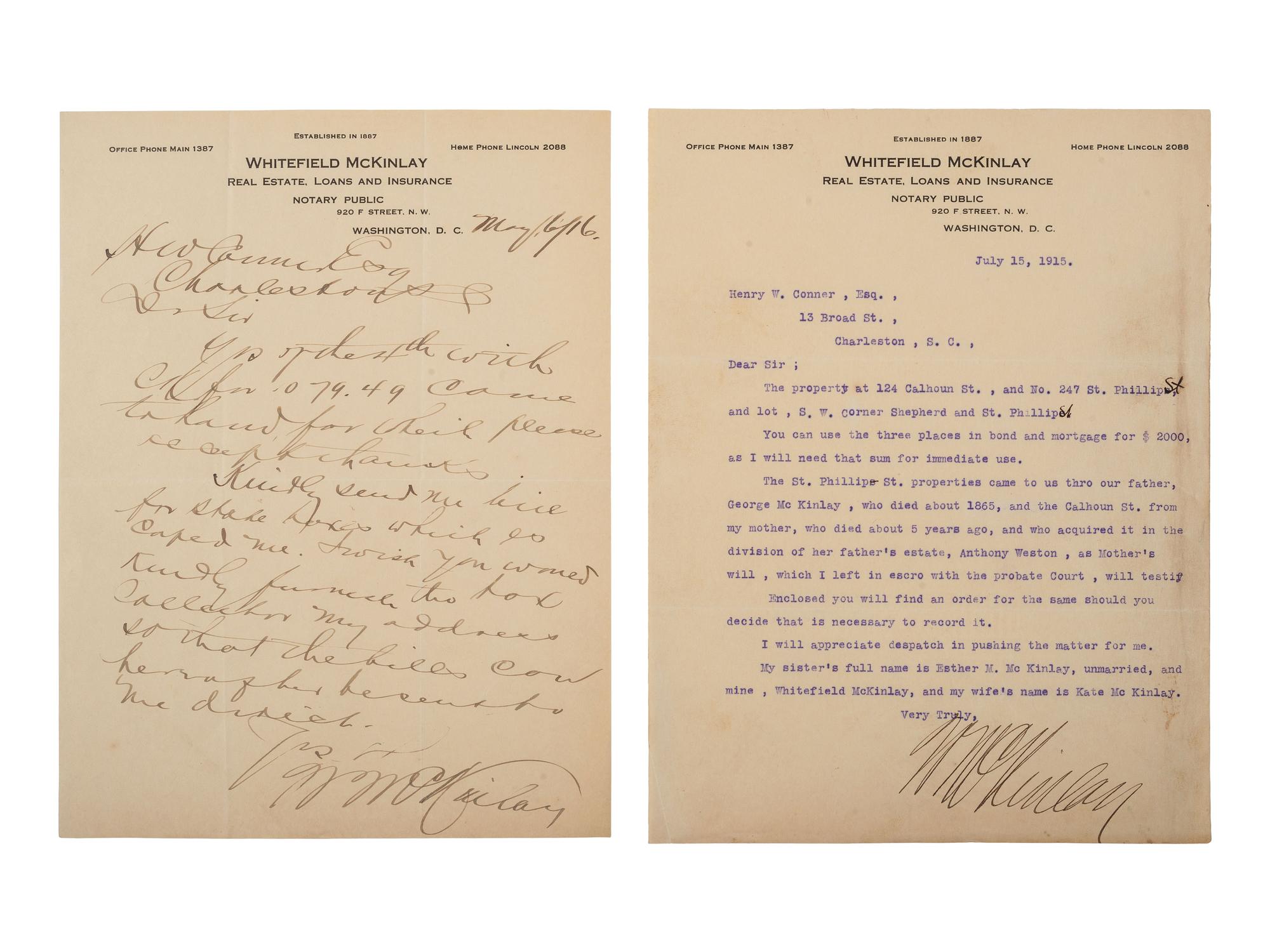 [RECONSTRUCTION]. A group of documents related to the McKinlay family of South Carolina, incl. Whitefield J. McKinlay, one of the wealthiest Black businessmen in the United States in the early twentieth century.
