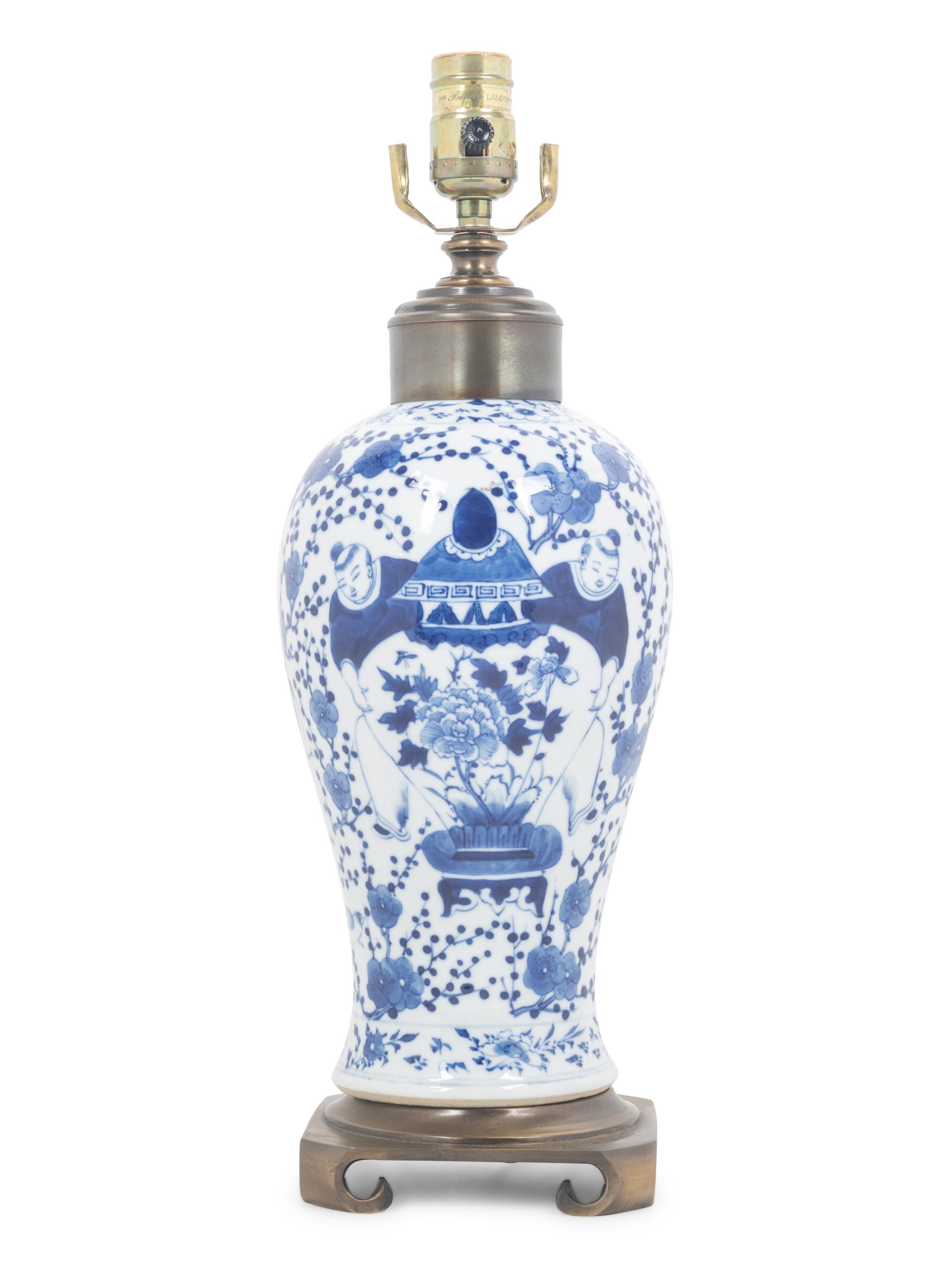 A Blue and White Porcelain Meiping Vase Mounted as a Lamp