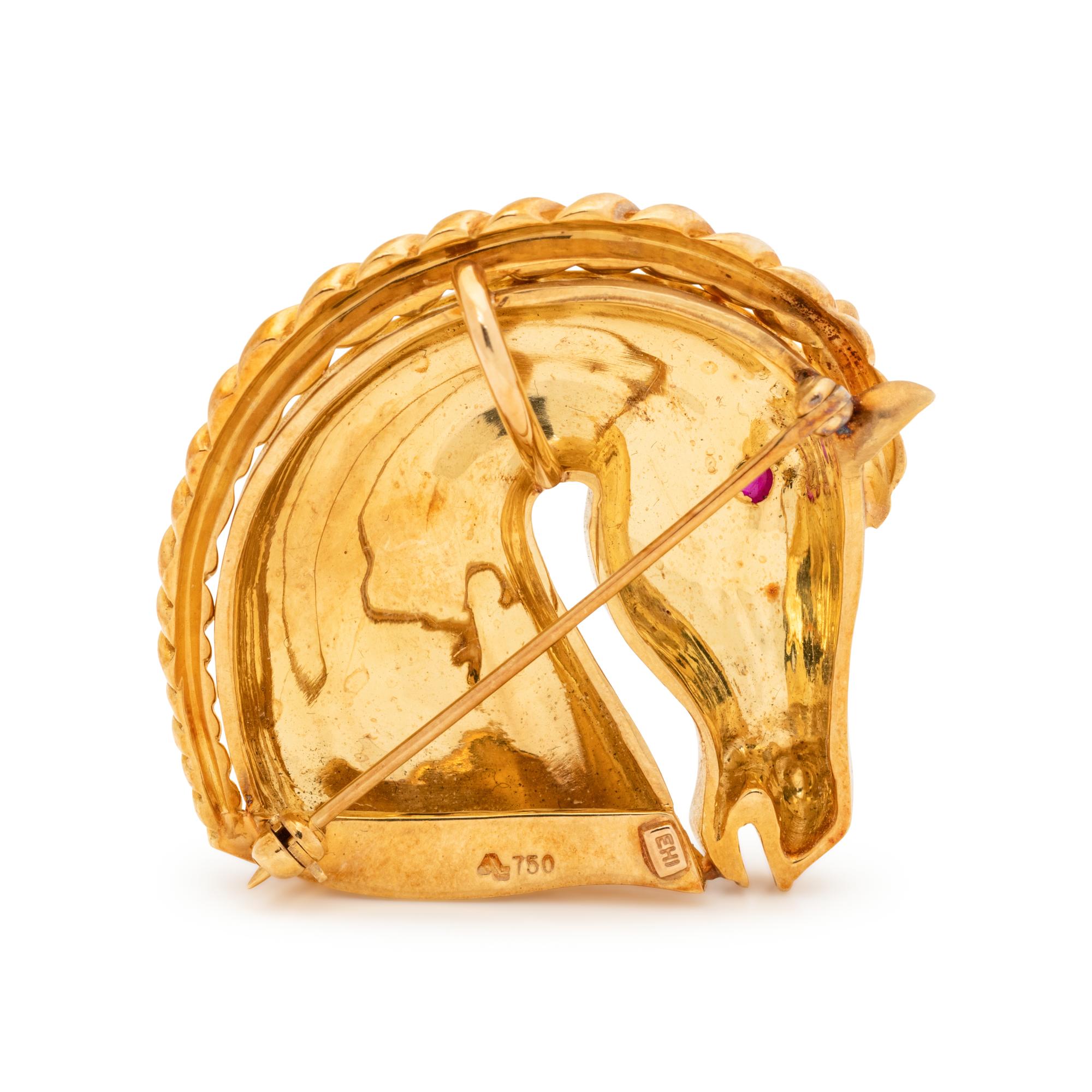 YELLOW GOLD, DIAMOND AND RUBY HORSE HEAD PENDANT/BROOCH