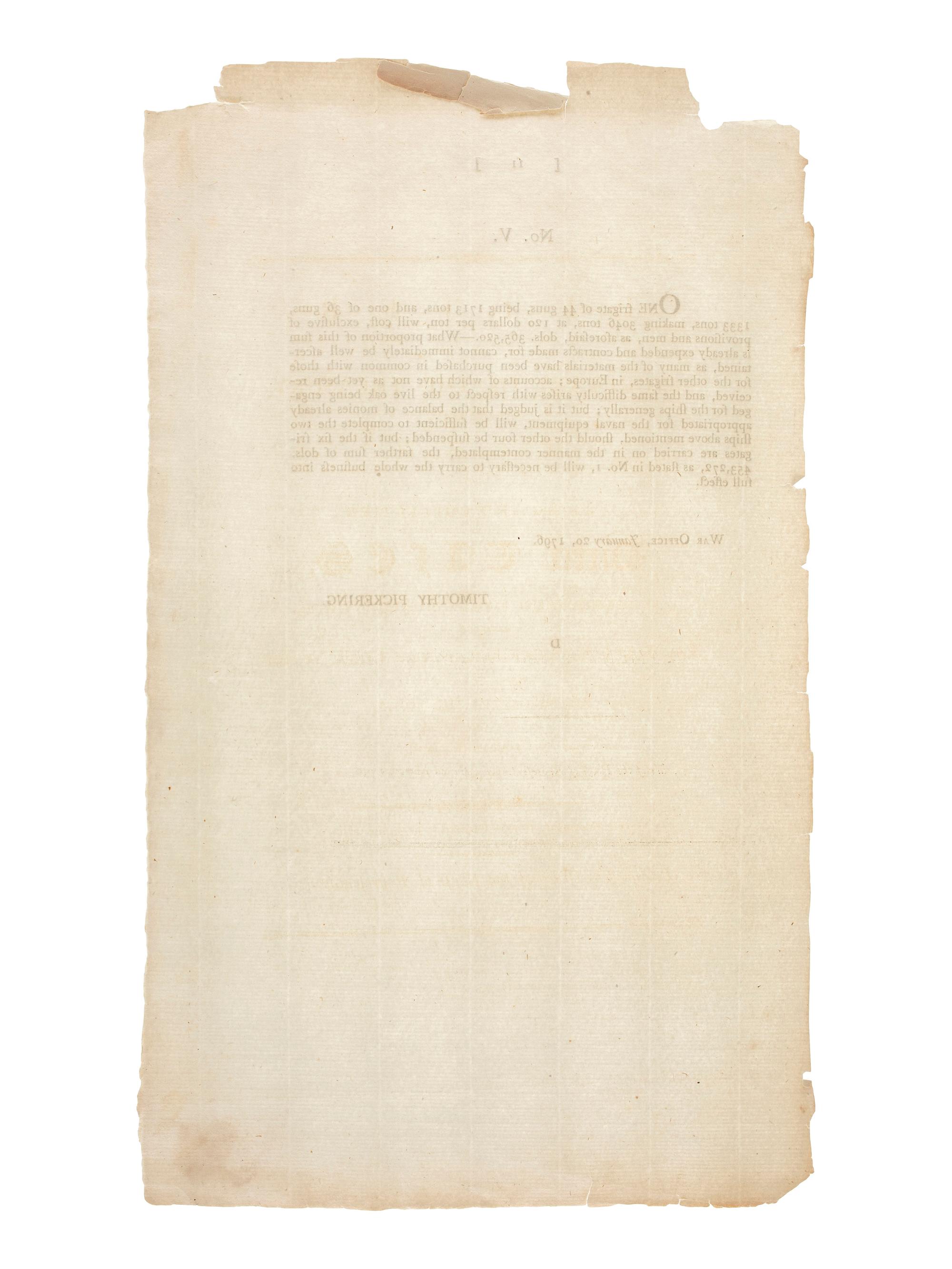 [PICKERING, Timothy (1745-1829)] -- [HIGGINSON, Stephen (1743-1828)]. Document signed in type "Timothy Pickering" reporting to the US Congress on monies appropriated for naval equipment, 20 January 1796.
